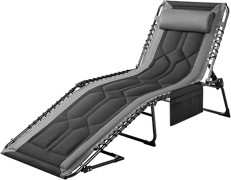 Flamaker Folding Chaise Lounge Outdoor Portable Lounge Chairs 4-Position Adjustable Camping Lounge Chair with Pillow & Side Bag Lightweight Recliner Sunbathing Chair for Pool Beach Deck Grey