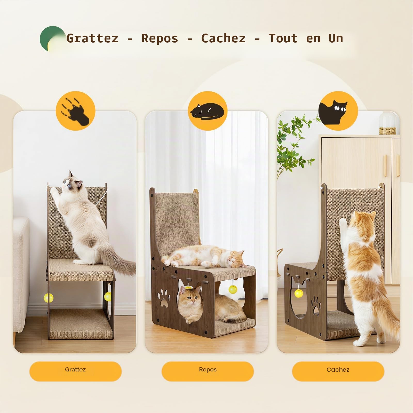 Gimars Grattoir Chat Carton en Forme de Chaise, Griffoirs pour Chats avec Balles et Tunnel Cachette, Protège-Meubles pour Chats d’Intérieur (Noyer)