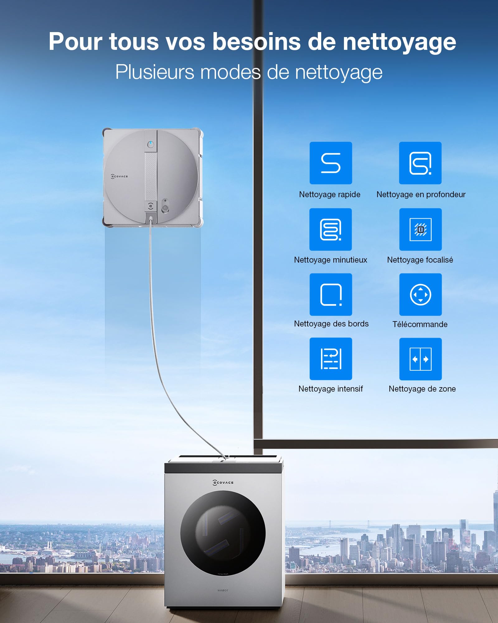 ECOVACS WINBOT W3 OMNI Robot Nettoyeur de Vitres avec Station, Lavage Automatique des Tampons, Nettoyage Intelligent Jusqu’aux Bords, Pulvérisation à 3 Jets, Contrôle via Application