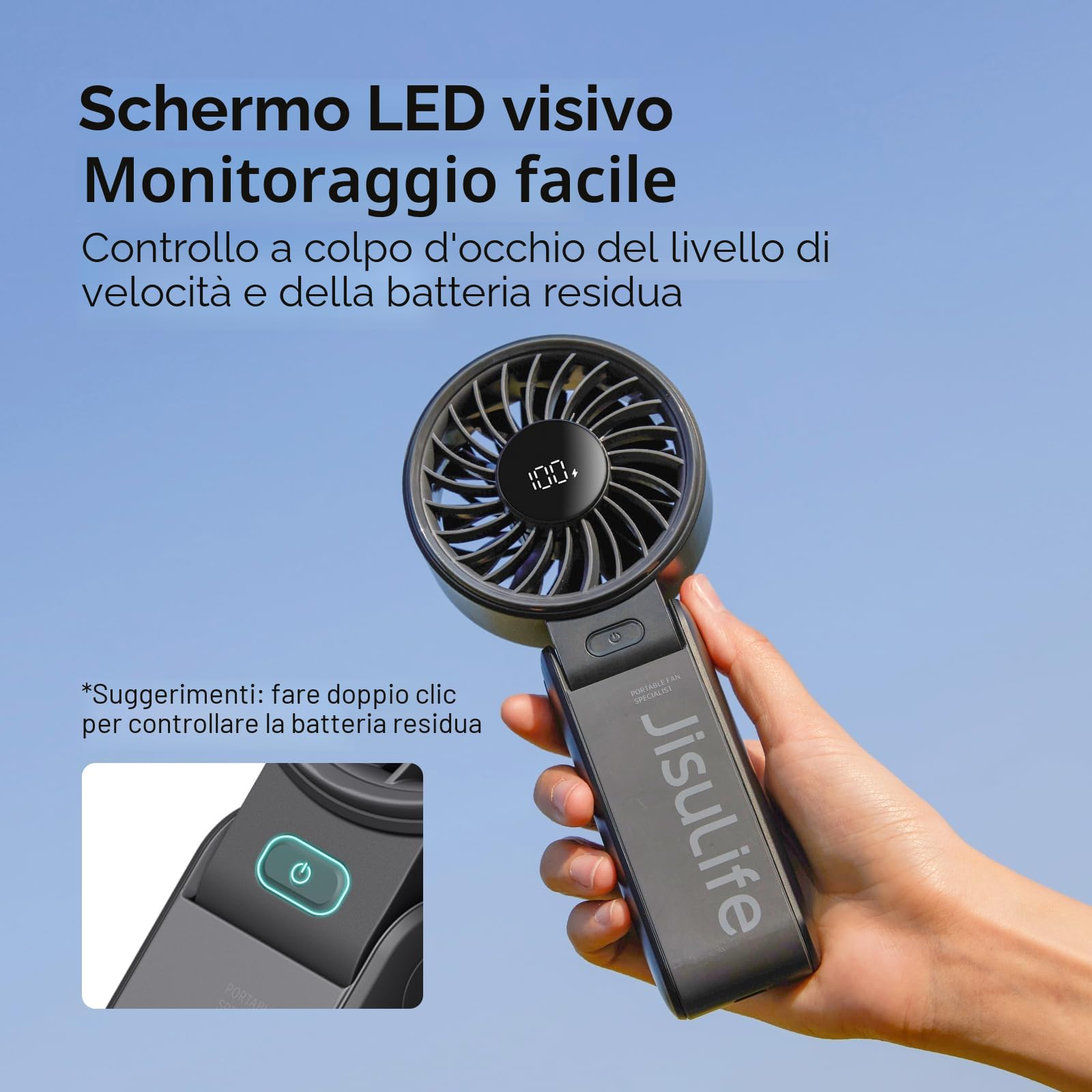 JISULIFE Ventilatore portatile, potente ventilatore portatile con display LED, massimo 19,5 ore, 5000 mAh, 3 in 1 mano/scrivania/collo ventilatore, mini ventilatore da viaggio (nero)