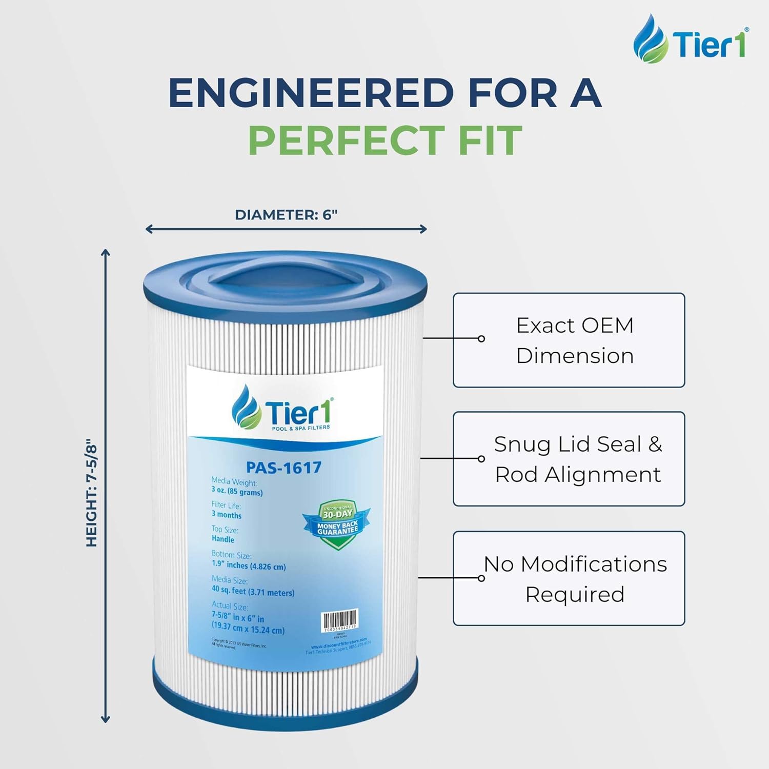 Tier1 Replacement for Waterway Spa Filter 817-0050 | Compatible with Pleatco PWW50, FC-0359, 6CH-940 | 7-5/8" x 6" | Trilobal Fabric | High Flow | Washable Spa Filter Cartridge
