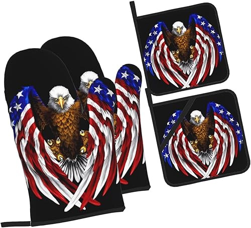 Miniatura 2 de Juego de manoplas de horno y soportes para ollas con diseño de águila patriótica con bandera de Estados Unidos, alta resistencia al calor,