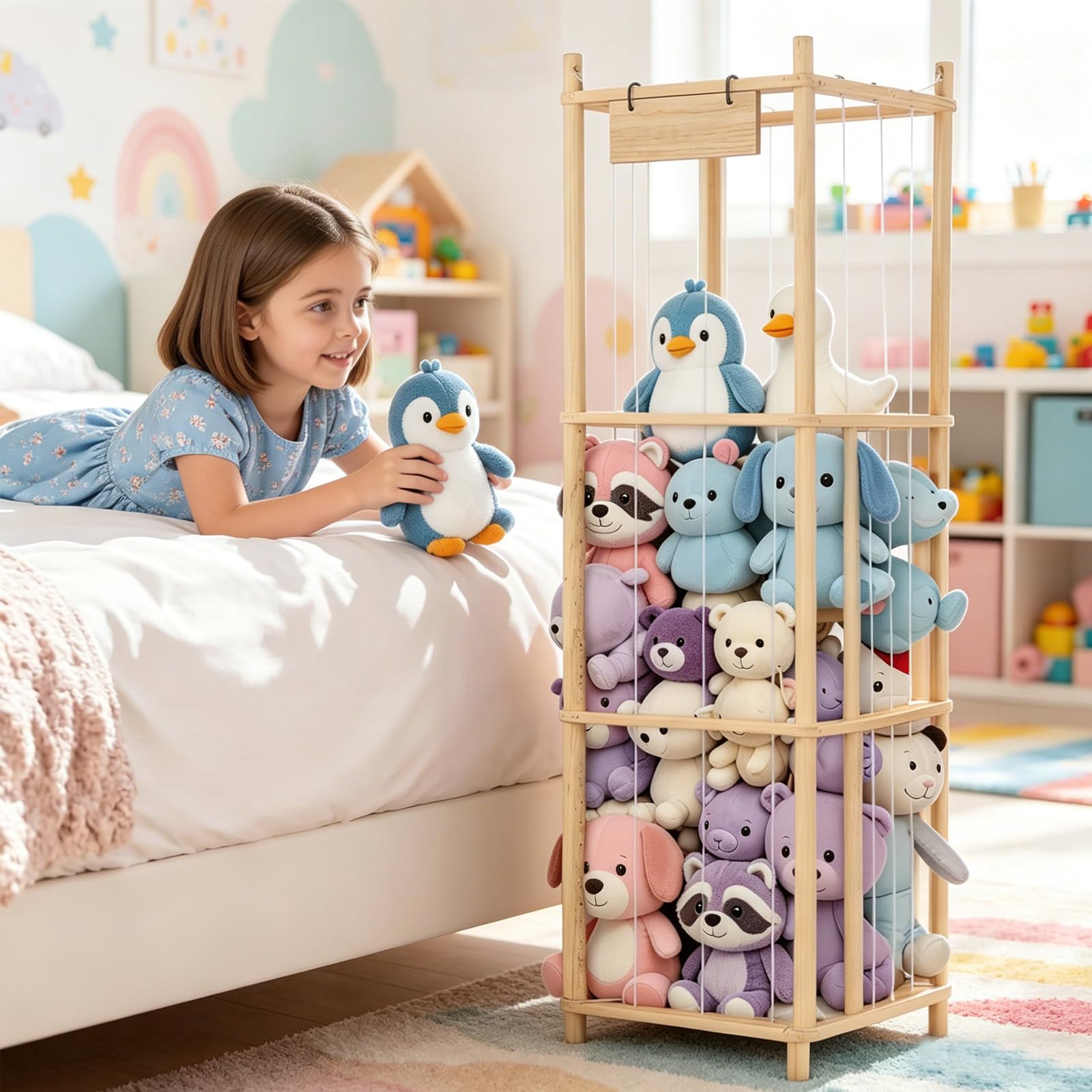 Organizador de Madera para Juguetes y Peluches, 3 Niveles, Gran Capacidad, Ahorra Espacio, Adecuado para Habitación Infantil, Sala de Juegos y Dormitorio