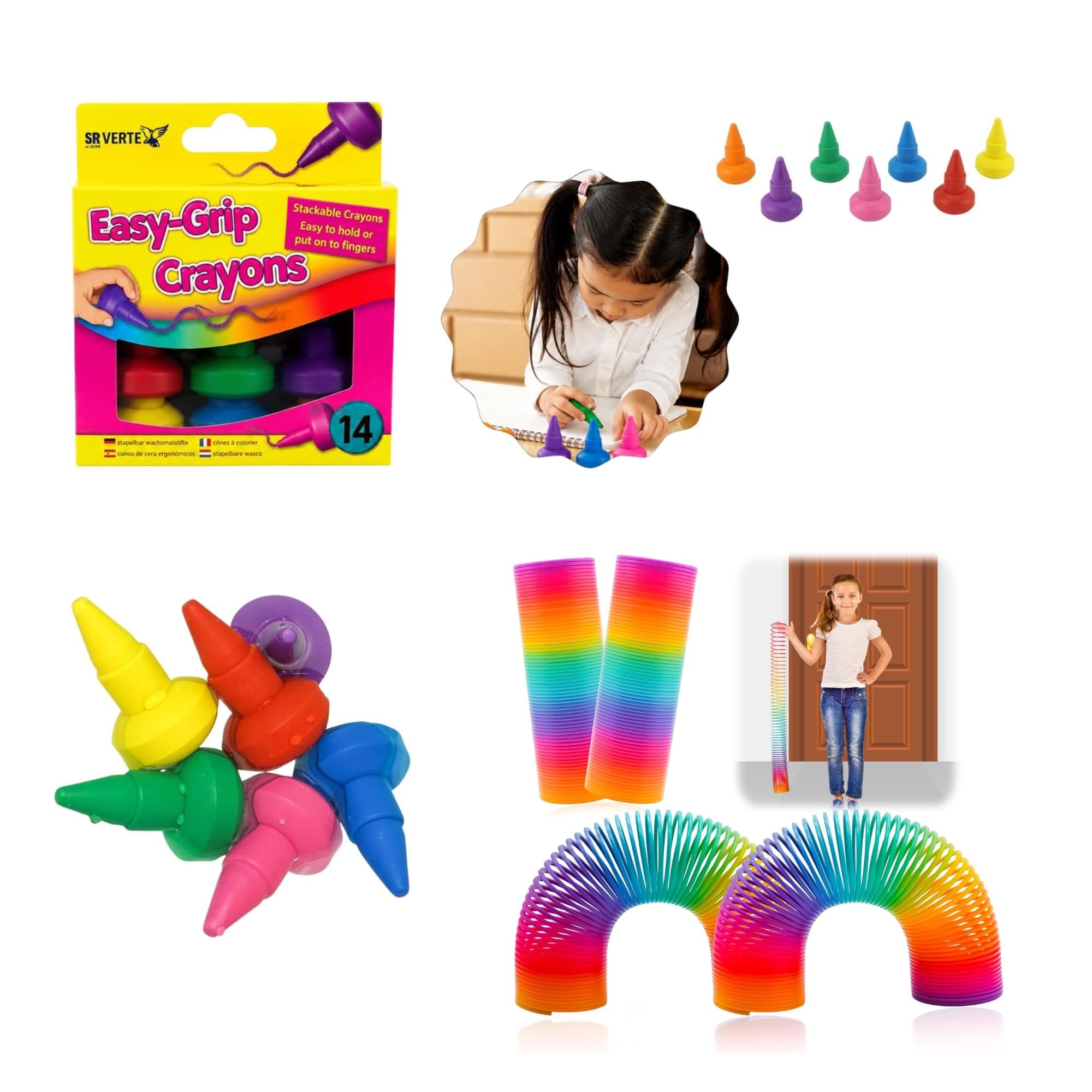SRV Hub 2 Extra Large 15cm Rainbow Spring Fidget Toy & 14 Pack Non-Toxic Easy Grip Wax Crayons Bundle, Sensory Slinky, Art Craft Set, Party Bag Fillers, Gift for Boys Girls 3+ โ image 1