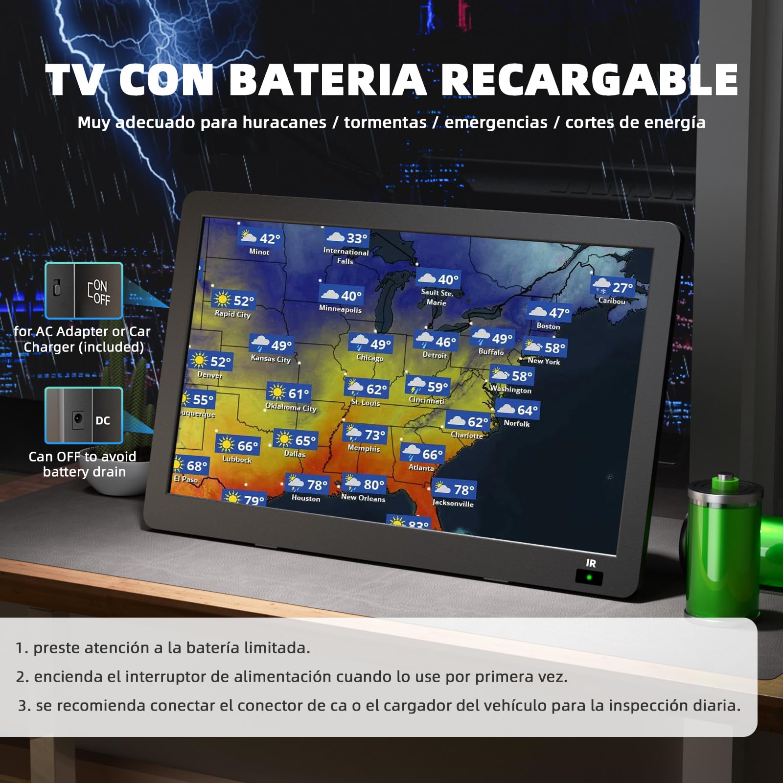 Desobry Televisor portátil 14,3 Pulgadas, Mini TV Recargable 1080P con Antena y sintonizador DVB-T2, Exteriores Compatible con Entrada HDMI/USB/AV, TV 12v para autocaravanas/Camping/Habitación