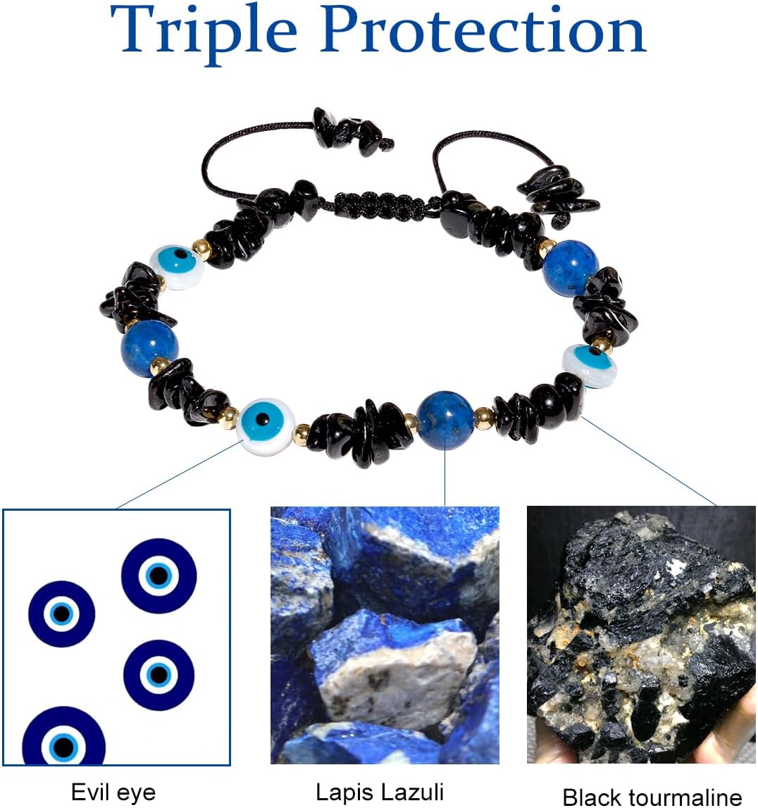 Jewever Black Tourmaline/Lapis Lazuli/Evil Eye Bracelets Triple Protection Crystal Chips Beaded Bracelets for Women Jewelry Gifts - Image 4