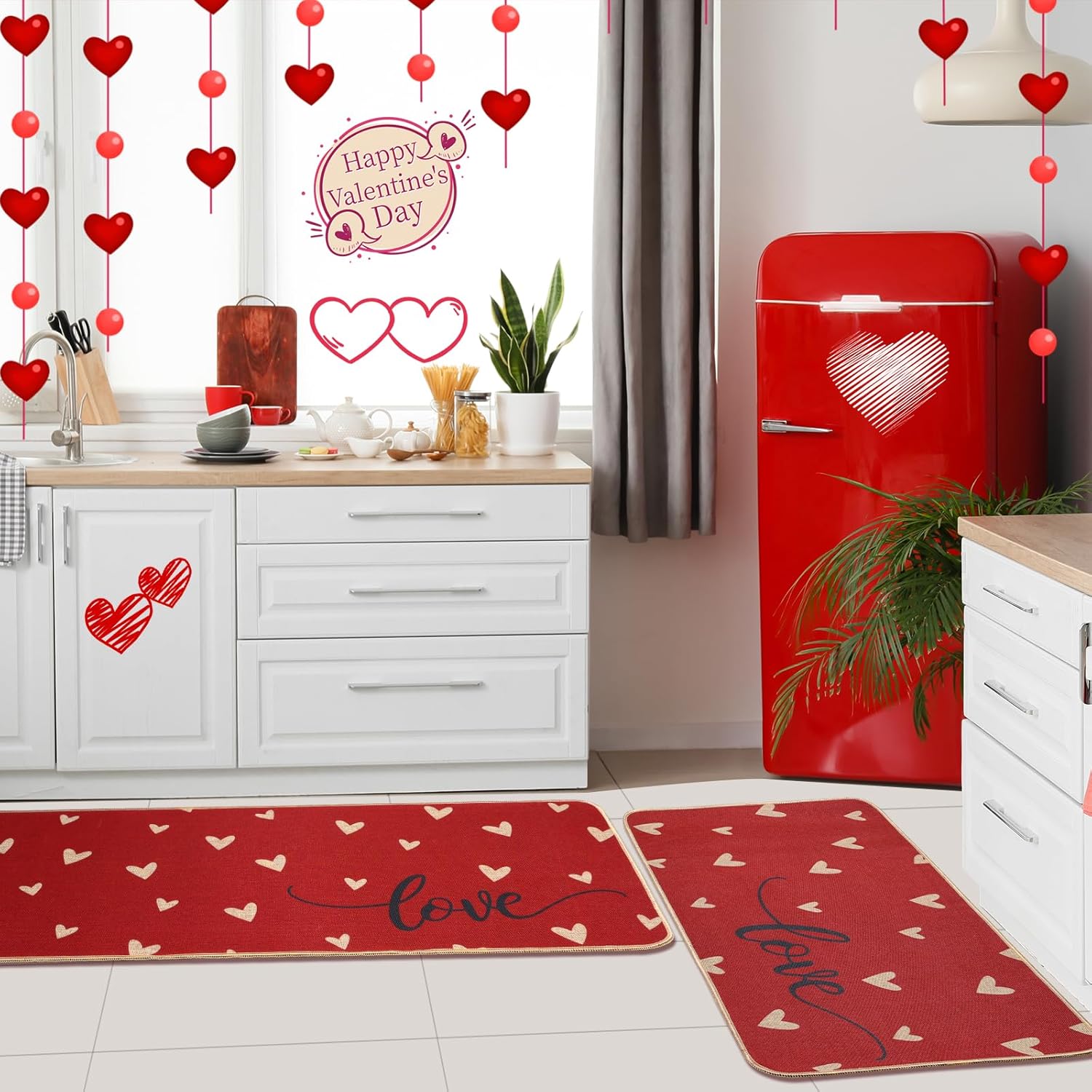 Valentine's Day Kitchen Decorations Mats Set of 2,Red Love Heart Kitchen Rugs for Floor Non-Slip Rubber Rugs for Seasonal Valentines Anniversary Indoor Outdoor Home Kitchen Decor 17x29 and 17x47 Inch