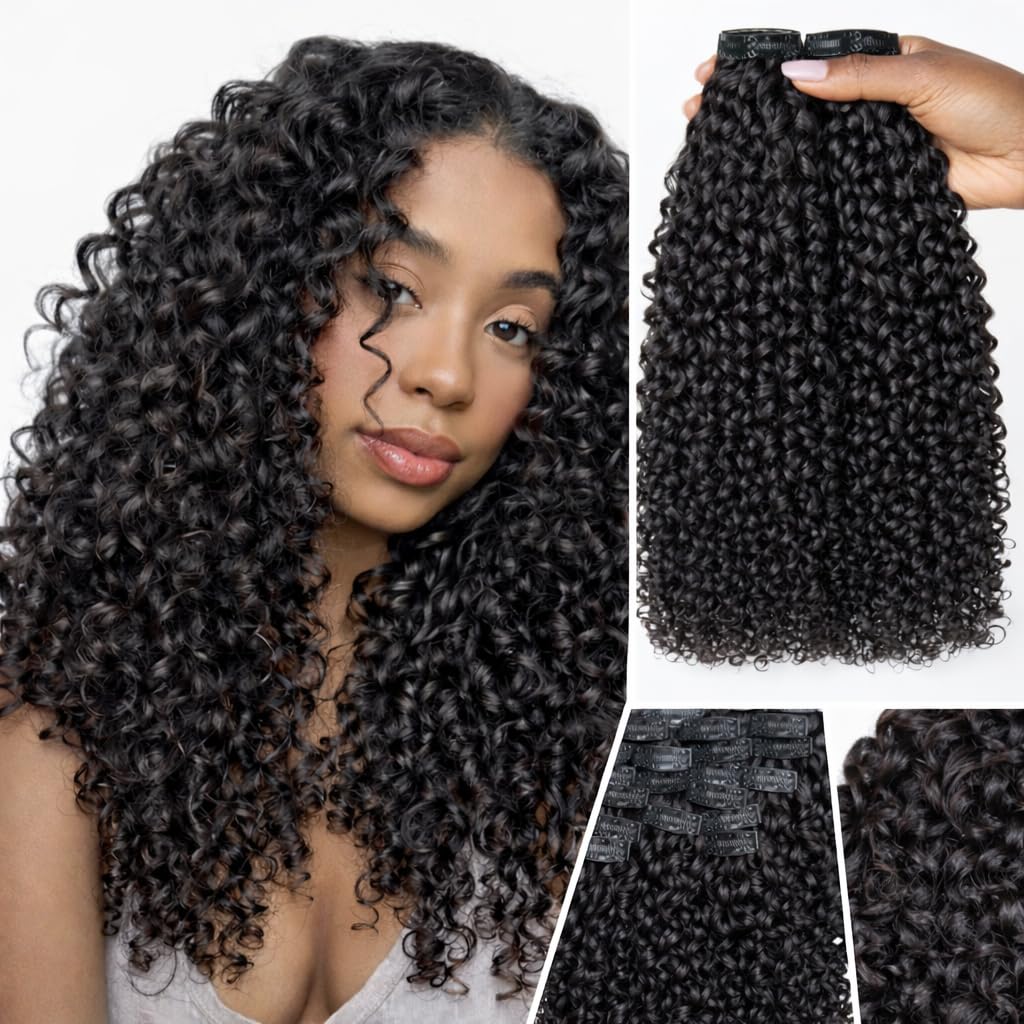 LUVME Burmese Curly Clip in Hair Extensions Real Human Hair Messy Curly Clip Ins Fullness with 2 Pack for Women Brazilian Remy Human Hair Natural