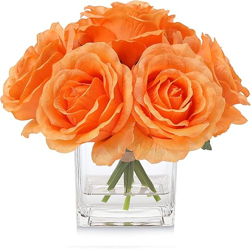 Miniatura 5 de rubystory 7 rosas artificiales de tallo grande en jarrón, rosa falsa con flores falsas en jarrón para decoración del hogar, mesa de boda (rosa)