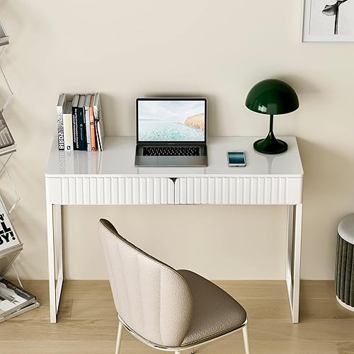 Miniatura 10 de Escritorio de tocador blanco con 2 cajones, escritorio plateado y blanco, escritorio de oficina en casa, mesa de tocador de maquillaje moderna con