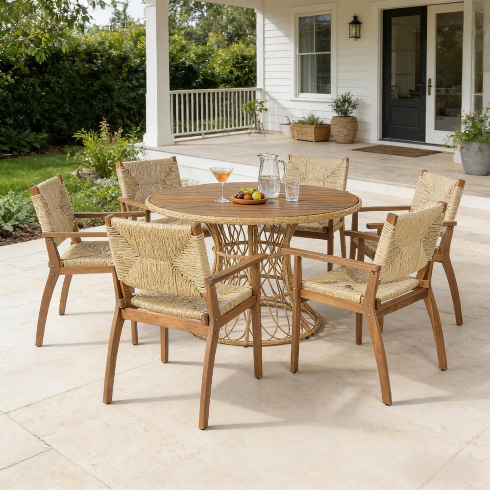 Outdoor Dining Table for 4-6 Person with Round Acacia Wood Top and Wicker Base, Teak Finish Patio Garden Furniture Set Compatible with Matching Chairs