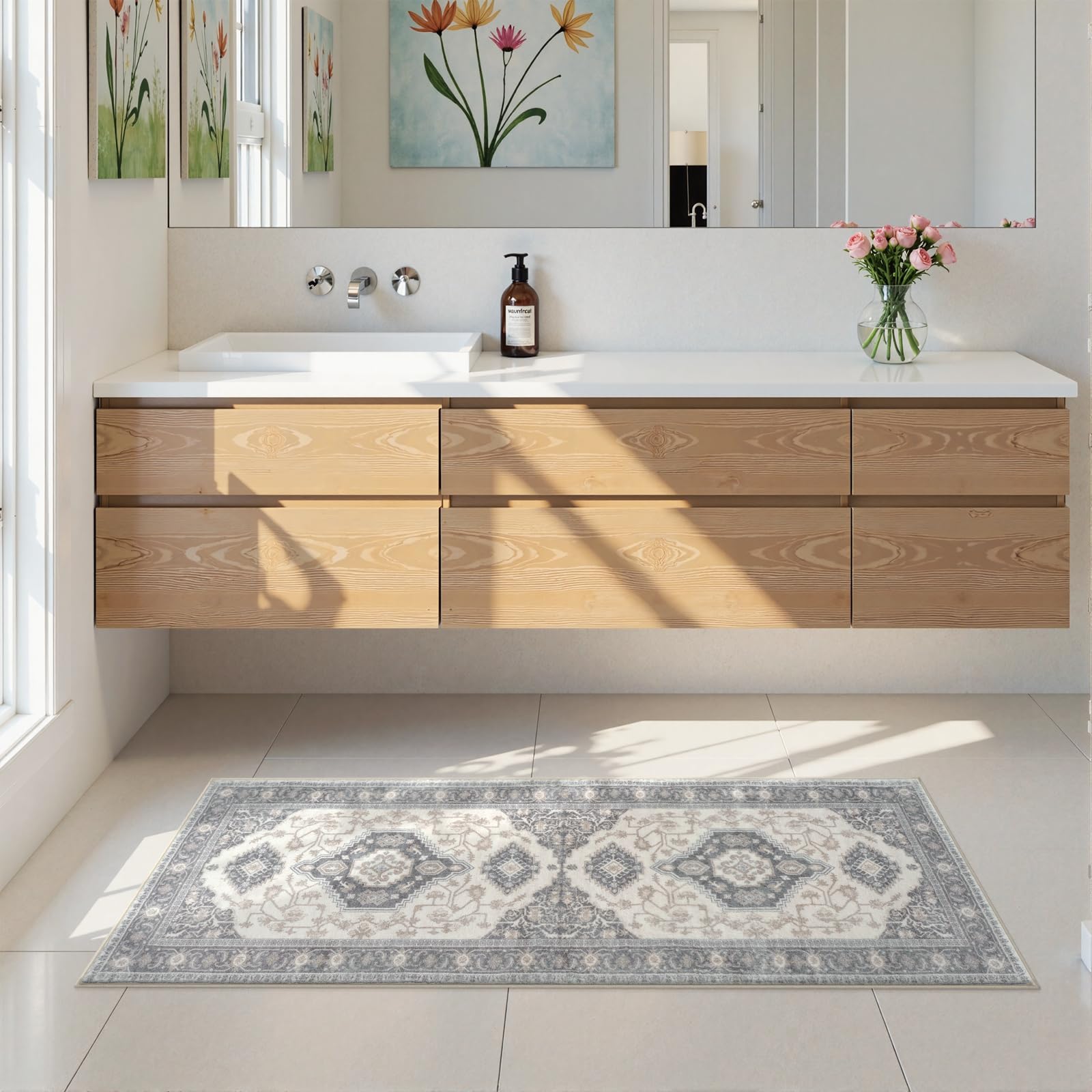 Seavish Gray Boho Bathroom Runner Rug, 20x47 Inch Vintage Oriental Absorbent Bath Mat, Non Slip Washable Long Bathroom Rug for Sink Tub Vanity Laundry Room, Farmhouse Distressed Bath Rugs