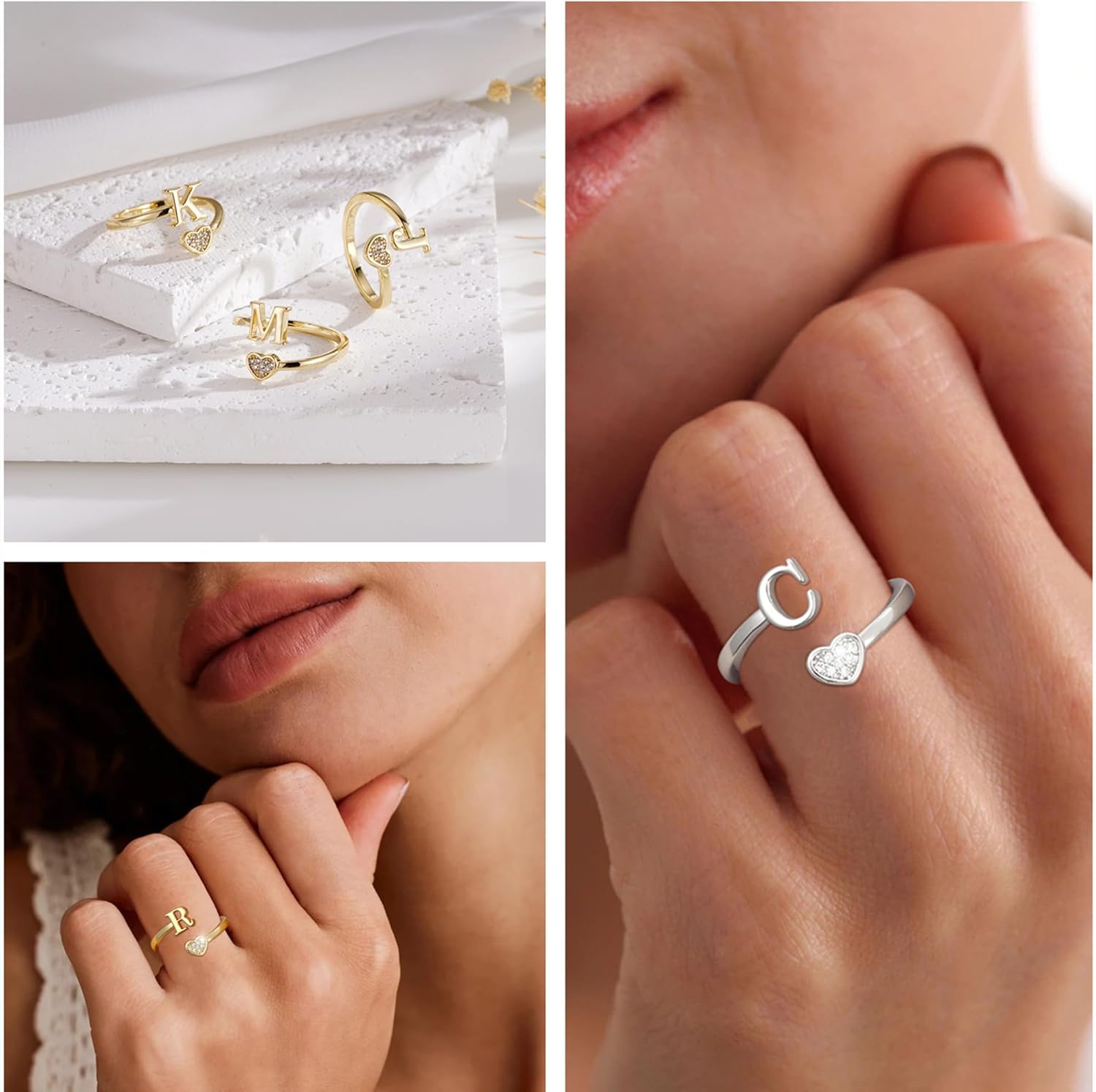 Rings for Teen Girls - 14K Gold Plated Heart Initial Rings for Women Adjustable Dainty Non Tarnish Silver Thumb Letter Ring Kids Girl Cute Jewelry Birthday Valentine Gifts Trendy Stuff - Image 2