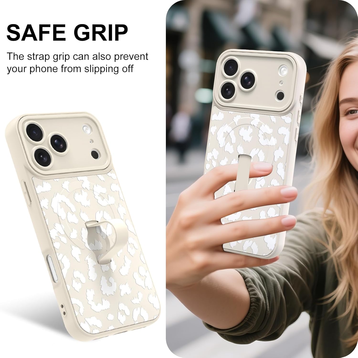 for iPhone 17 Pro Max Case with Finger Hand Strap Kickstand [Compatible with Magsafe] Cheetah Print Leopard Pattern Phone Case for Women Men, Full Camera Protection Shockproof Cover, White