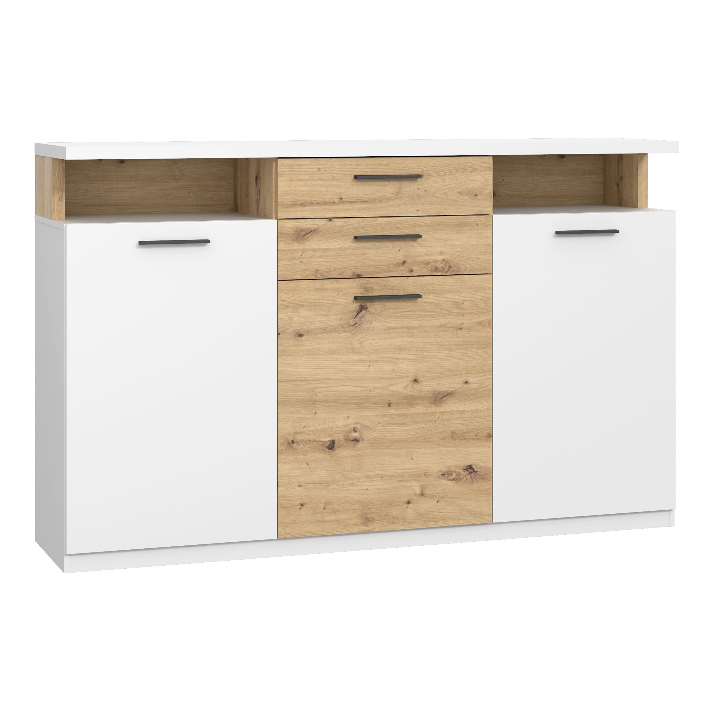 Forte WOY Sideboard 170, modernes Sideboard mit Ablage-Aufsatz, 3-türig, 2 Schubladen, Wohnzimmer, Flur, Holzwerkstoff, Weiß mit Artisaneiche Holzdekor, 169,6 cm breit x 106,5 cm hoch x 42 cm tief