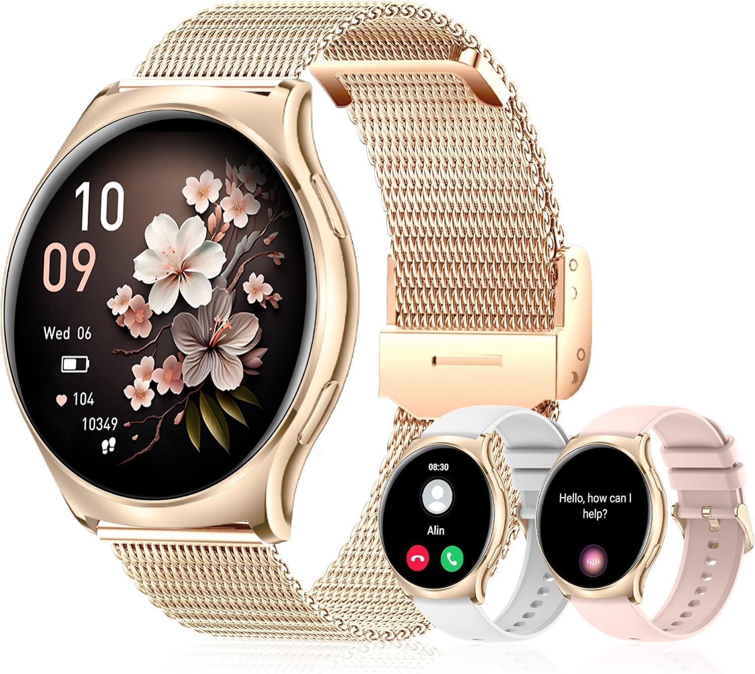 Montre intelligente pour femme avec appel Bluetooth, montre intelligente AMOLED de 1,43 pouces avec fonction féminine/130+ modes sport/fréquence cardiaque/sommeil/SpO2/calories, podomètre de fitness étanche pour Android iOS (or)