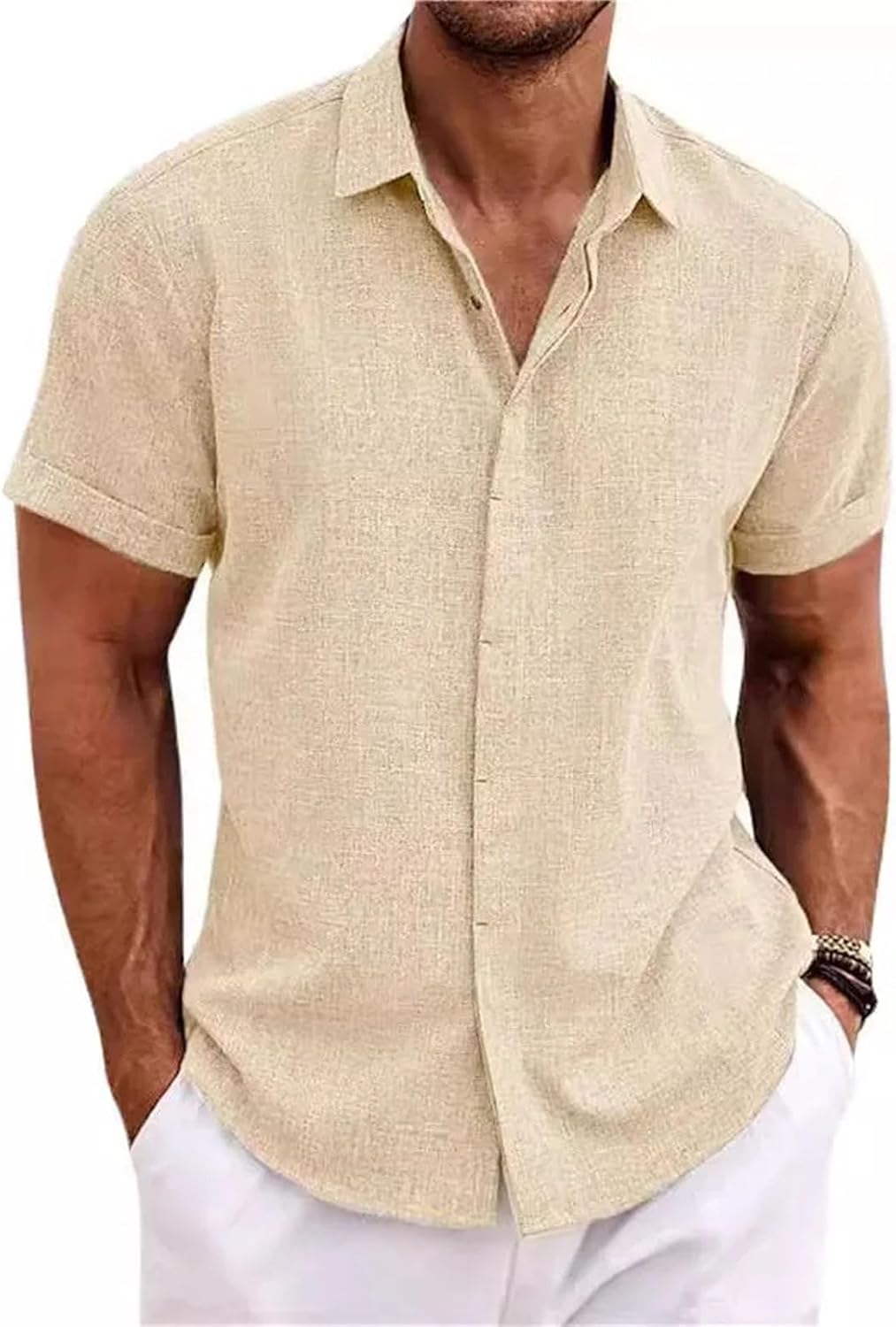 Men's White Shirt Short-Sleeved Cotton Linen Comfortable Solid Color Basic Top Casual Black Button Blouses for Male