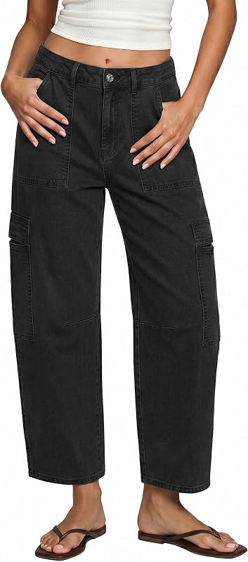Barrel Jeans for Women Trendy High Waisted Cropped Cargo Pocket Baggy Stretch Denim Pants Wide Leg Tapered Jeans