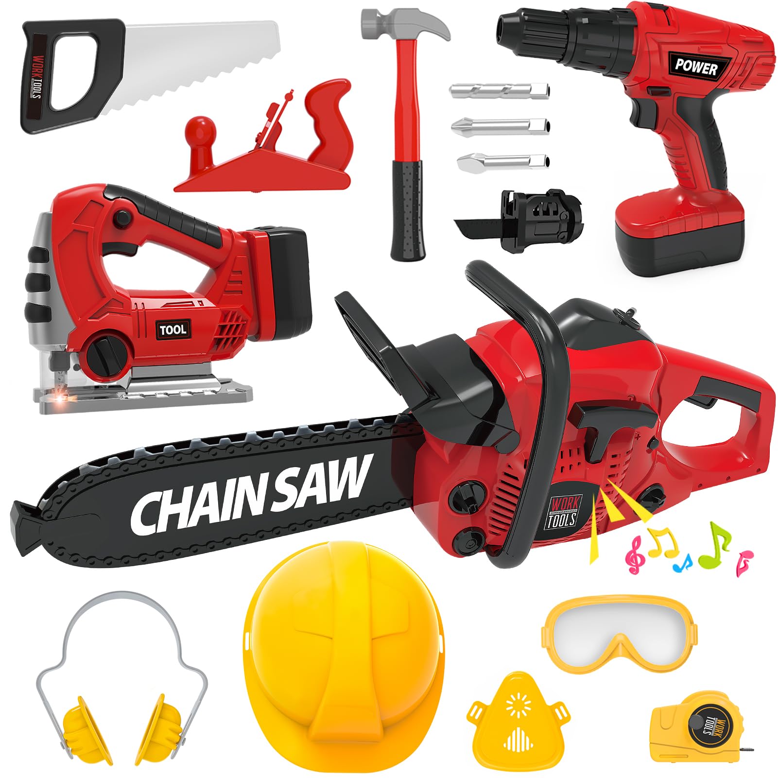Kids Tool Set with Electric Toy Drill Halloween Chainsaw Jigsaw Toy Tools, Realistic Kids Power Construction Pretend Play Tools Set Toy STEM Playset Toddler Toys Kit for Toddler Boy Girl