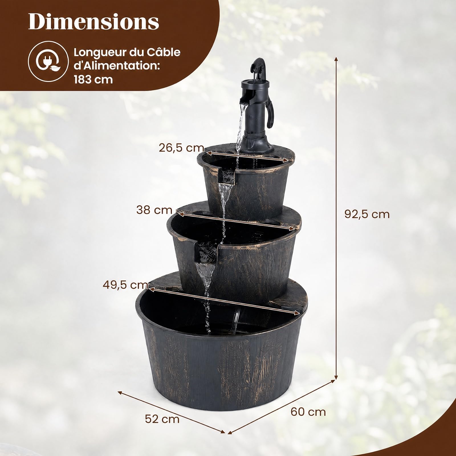 COSTWAY Fontaine de Jardin à 3 Niveaux en Baril avec Pompe Réglable