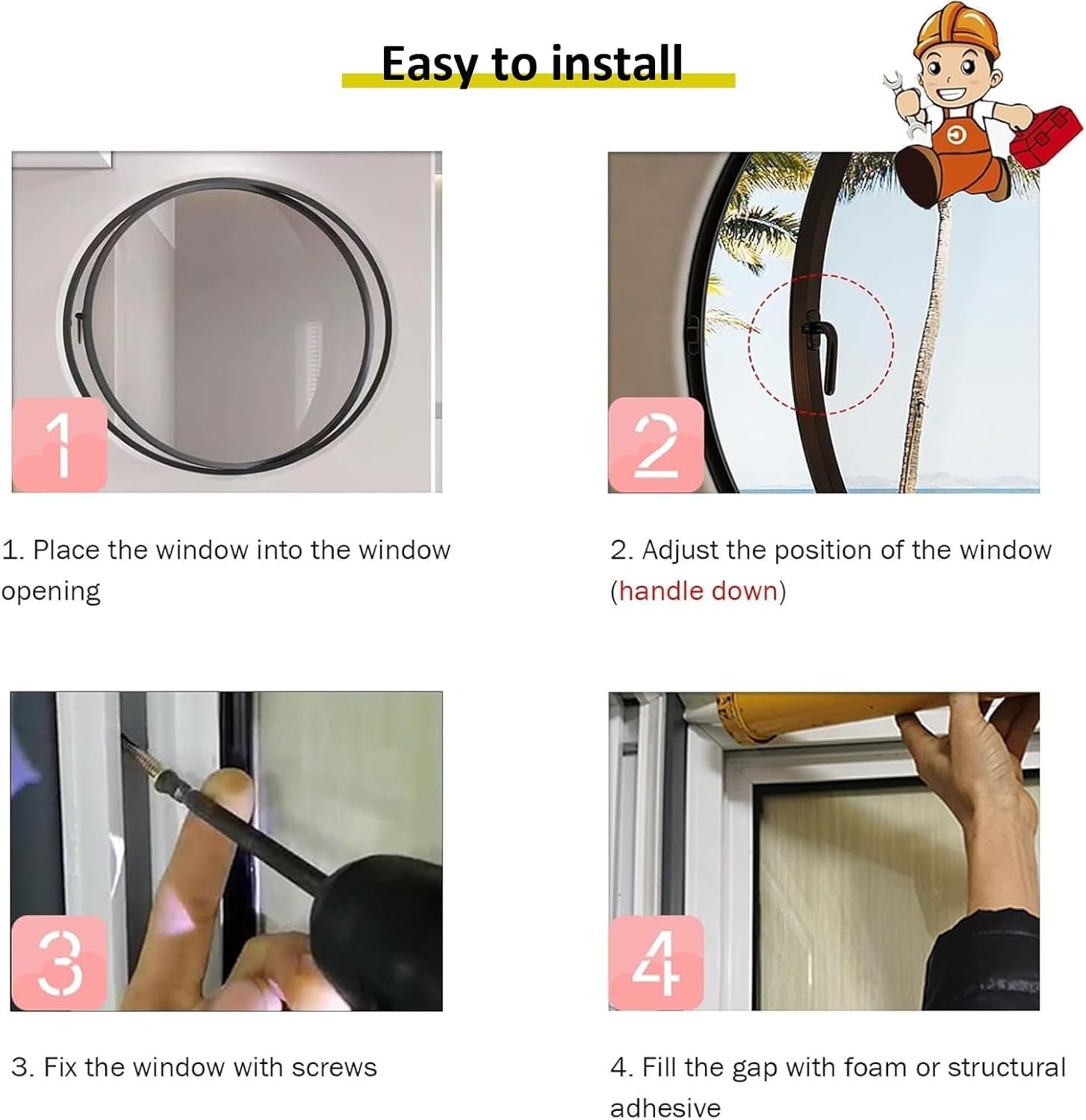 Genérico Ventana de ventilación giratoria, Ojo de Buey Giratorio de 360° de Vidrio Templado Negro de 60 cm - Ventanas abatibles de aleación de Aluminio para tabiques de Cocina y Oficina, Ventanas de