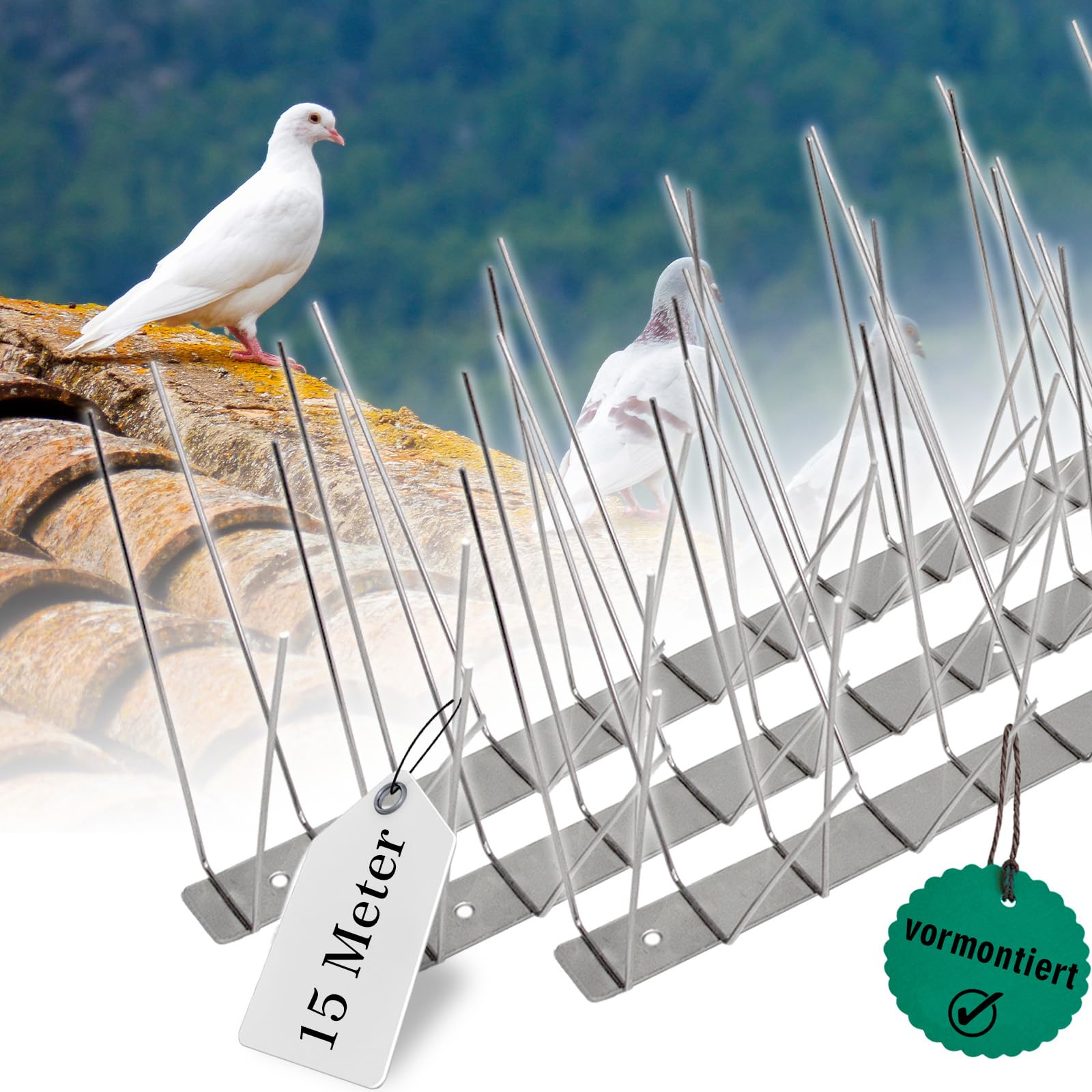 PRIOstahl Taubenabwehr Taubenspikes Vogelabwehr mit Edelstahlgrundplatte 4-reihig 15 Meter (30 x 0,50cm Spikes) Vogelschutz Abwehr für Balkon Dach Fenster UV-Beständig & rostfrei Edelstahl V2A