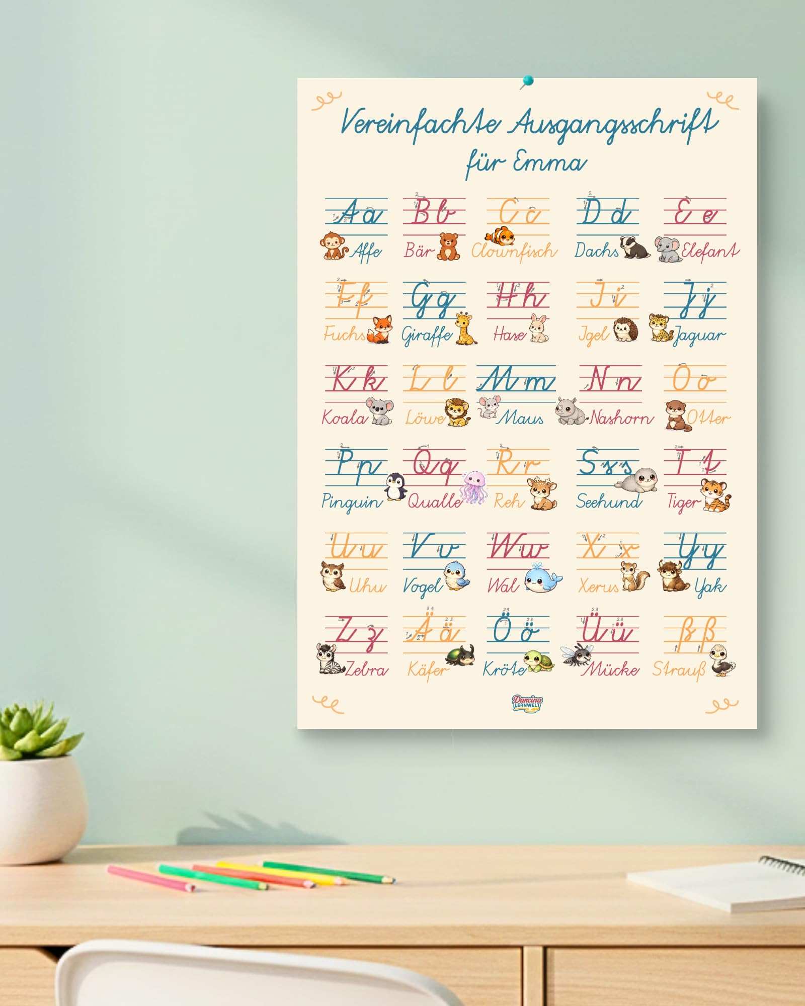 Personalisiertes ABC Schreibschrift Lernposter A2 - Vereinfachte Ausgangsschrift (VA) - Alphabet Poster mit Groß- und Kleinbuchstaben für die Grundschule - mit Wunschname