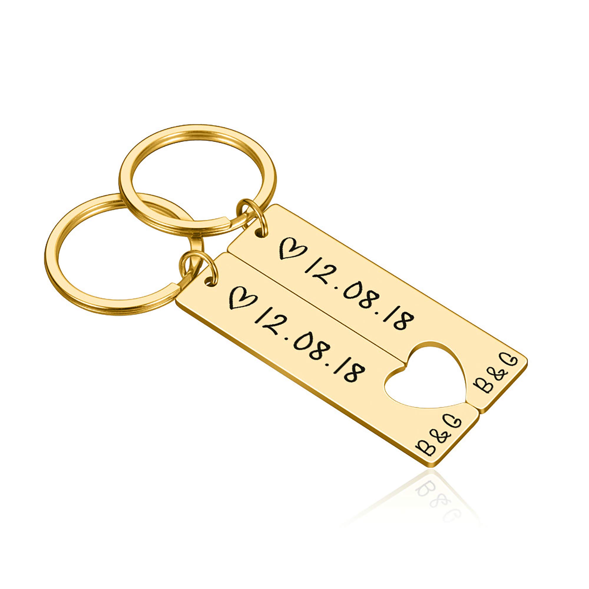 Jinlinjew Personalized Heart Keychain Set Engraved King Date and Name Love Keyring Gift for Girlfriend Boyfriends Couples Keyrings(2pcs)