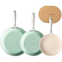 Redchef Ceramic Nonstick Pan Set, Ceramic Frying Pans with Ergonomic Stainless Steel Handles, PFOA PFAS PTFE Free, Induction Ready Cookware with 3 Cork Pads, Oven Safe, Mint Green8+9.5+11"