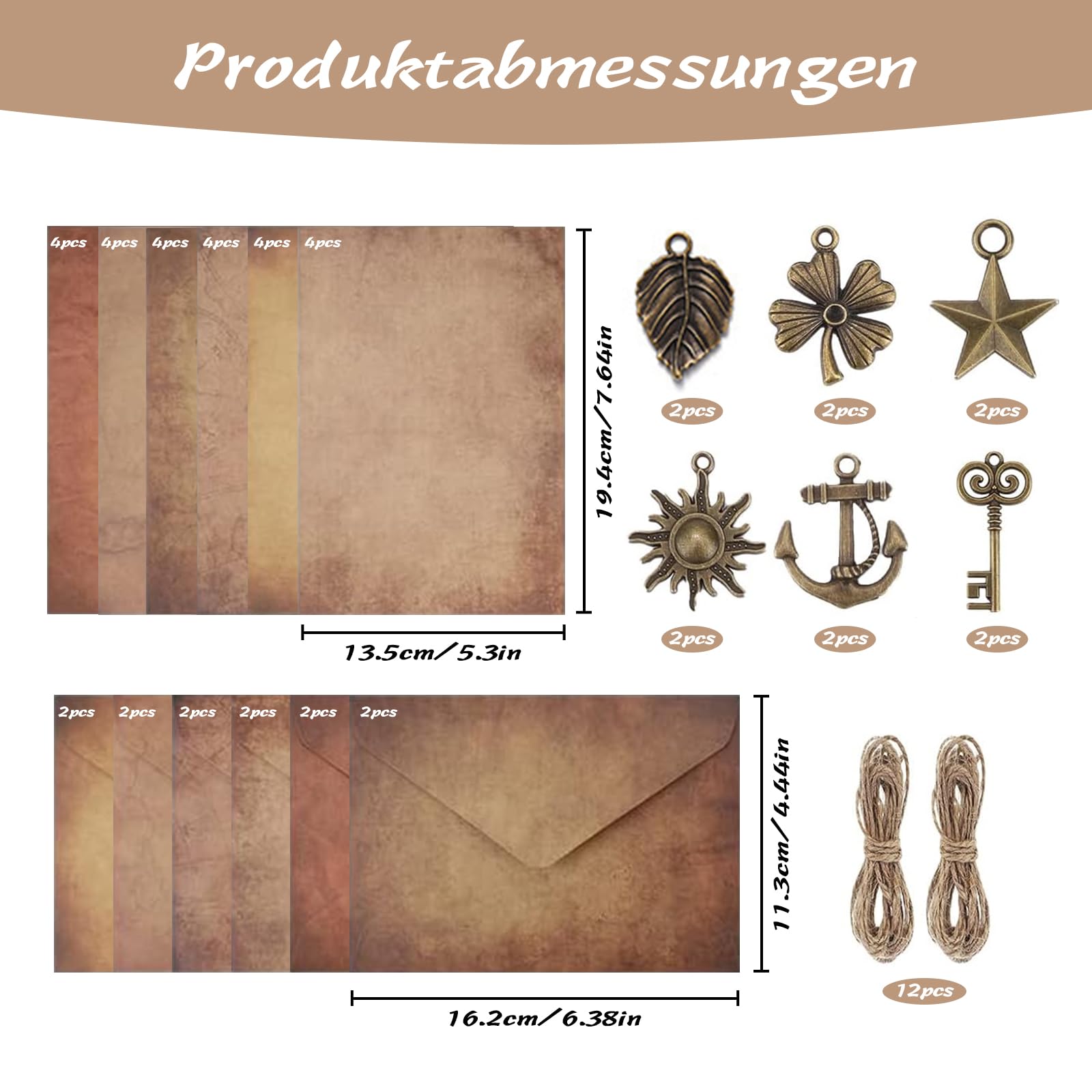 Zestawy Vintage Kraftpapier Umschläge, 60 sztuk 12 Retro Briefumschläge, 12 Retro Schlüsseln, 12 lin konopnych, 12 arkuszy Vintage Seal Stickers, 24 antyczne papiery kraftowe na wesela urodziny