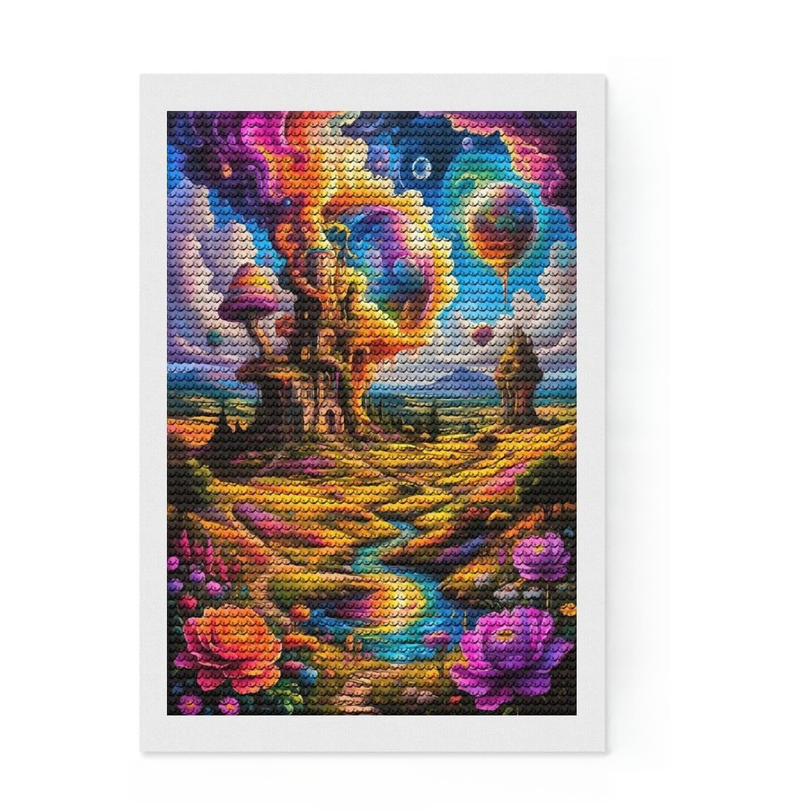 Junmoney Psychedelic Fantasy Landscape with Castle Full Drill Diamond Painting Kit 8"x12", for Teens, Boho Decor, Good for Quiet Evenings, Thoughtful Handmade Gift