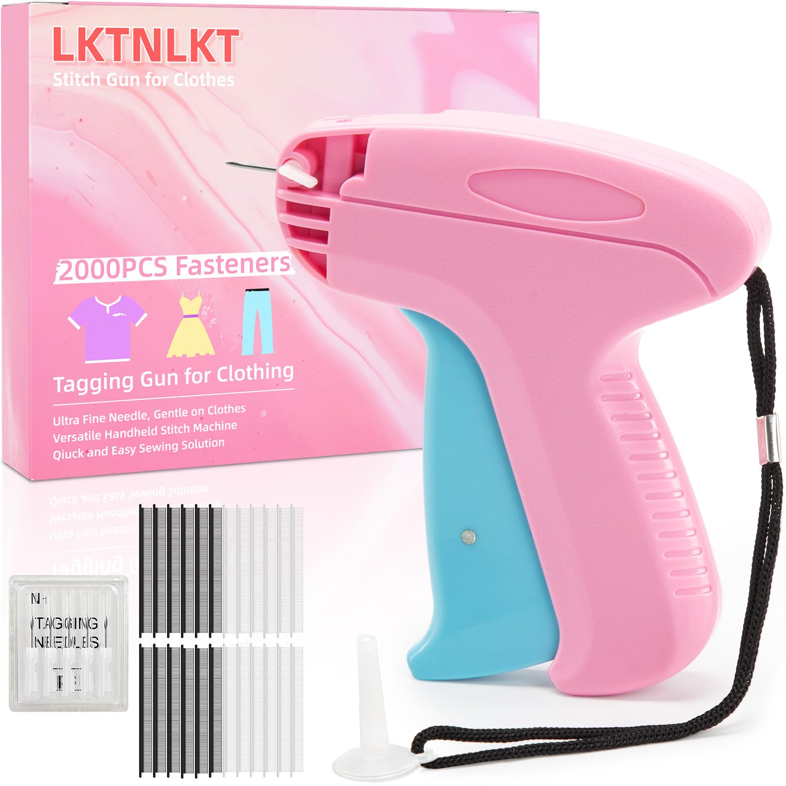 Stitch Gun for Clothes - Includes 6 Fine Needles, 1000 White & 1000 Black Fasteners, Handheld Stitch Gun - Quick Clothing Fixer, Tag Gun for Clothes (Pink Blue)