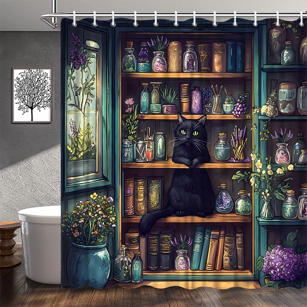 Gothic Bookshelf Shower Curtain Spooky Black Cat Magic Wizard Bookcase Purple Floral Bottle Green Vine Plant Halloween Bathroom Decor Polyester Fabric Curtains with Hook 70Wx80H Inches