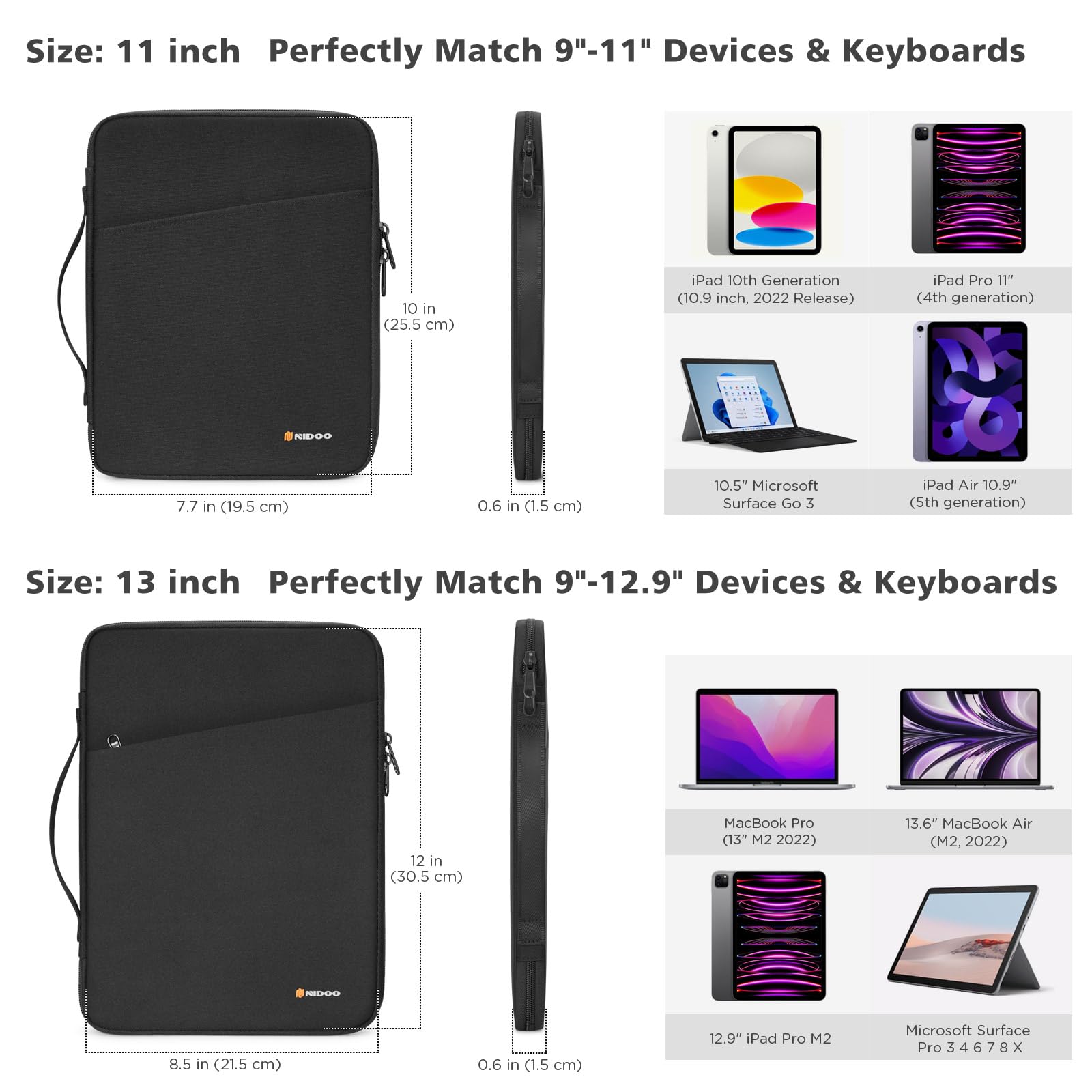 NIDOO 10-11 Pouces Tablette Pochette Housse de Protection Étui Sacoche Manche Sac de Transport pour 10,9" 10,2" iPad 10 9/11" iPad Pro M2 M1/10,9" iPad Air M1/Surface Go 3/Tab M10 Plus Gen 3/MatePad