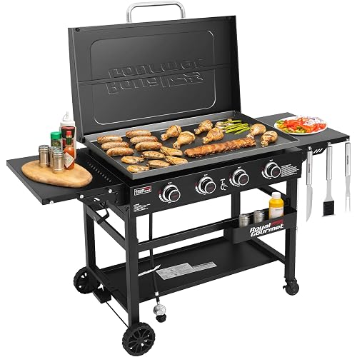 Royal Gourmet GB4000P 4 Burner Propane Gas Griddle, Hard Cover, Side Tables | 35-Inch Heavy-duty Flat Top Grill with 766 Sq. In. Cooking Area, 52,000 BTU for Backyard and Tailgating, Black