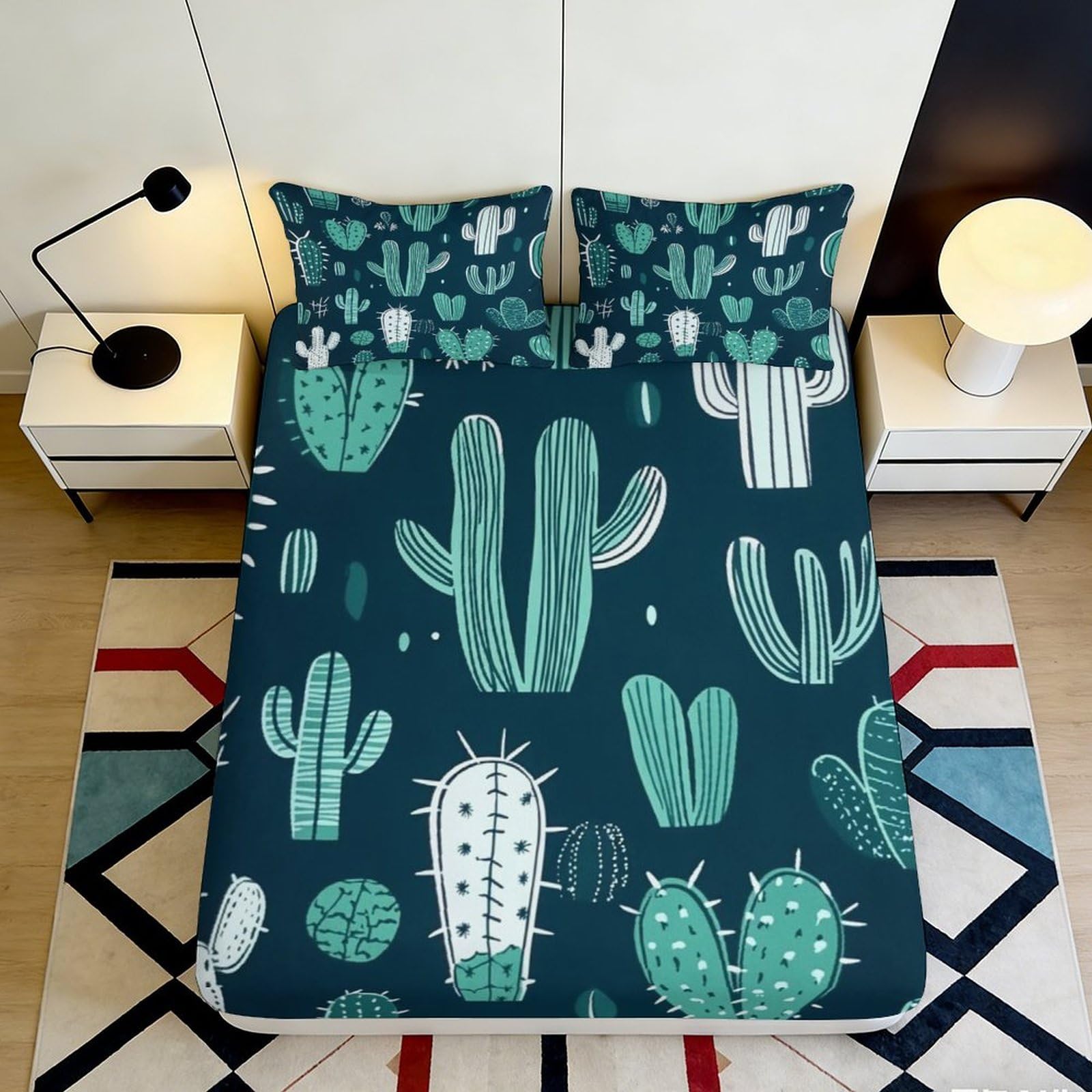 Pnayamiorkfel Style-1 3D Printed Cactus Garden Fitted Sheet Microfiber Non-Slip Bedroom Decor Succulent Bed Cover Machine Washable 90X200x25cm