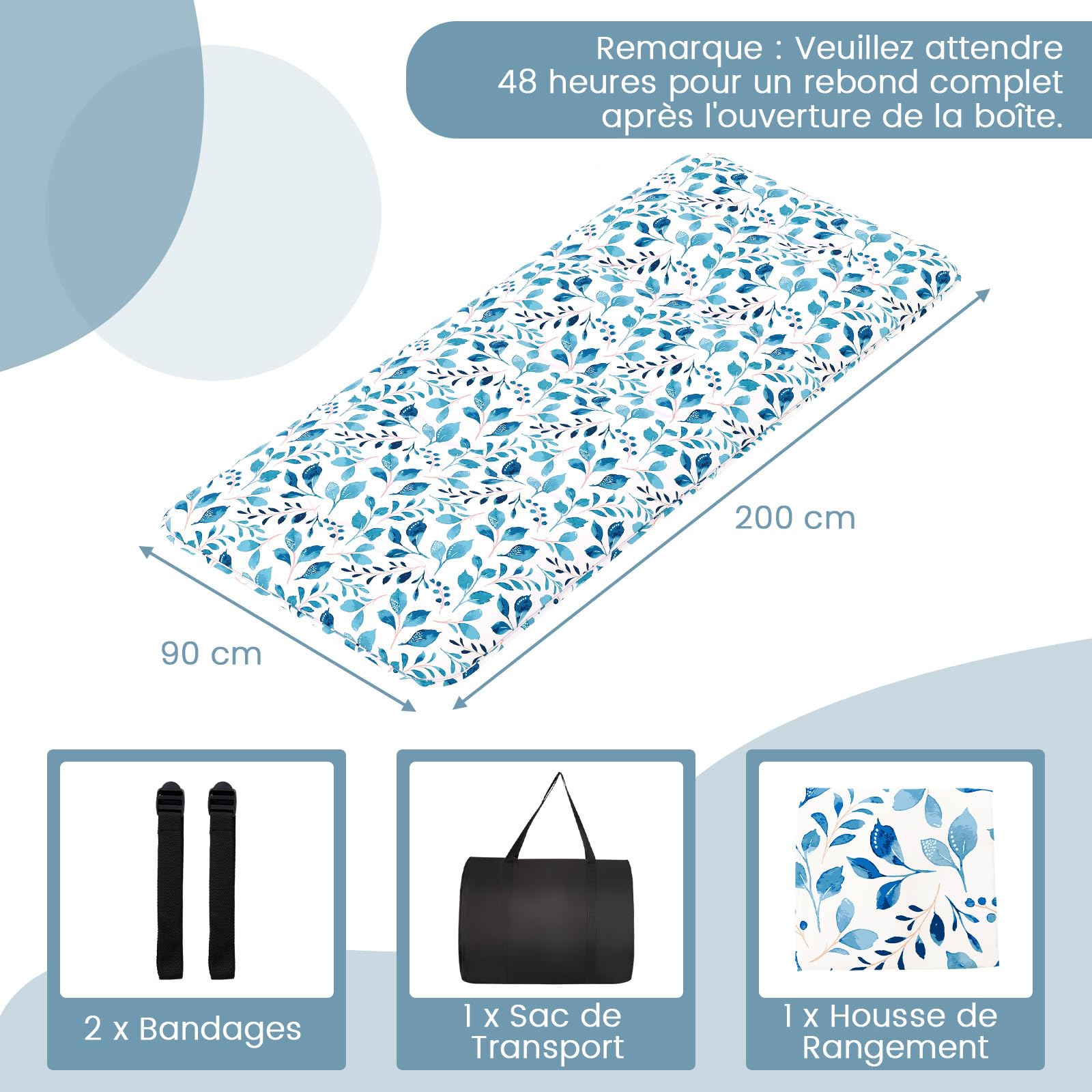 COSTWAY Matelas Futon Portable Pliable, Matelas Futon Japonais 90 x 200 cm, Housse Lavable, Matelas de Sol avec Sac de Transport, pour Le Camping, Les Voyages, d'Invités, Feuilles Bleu