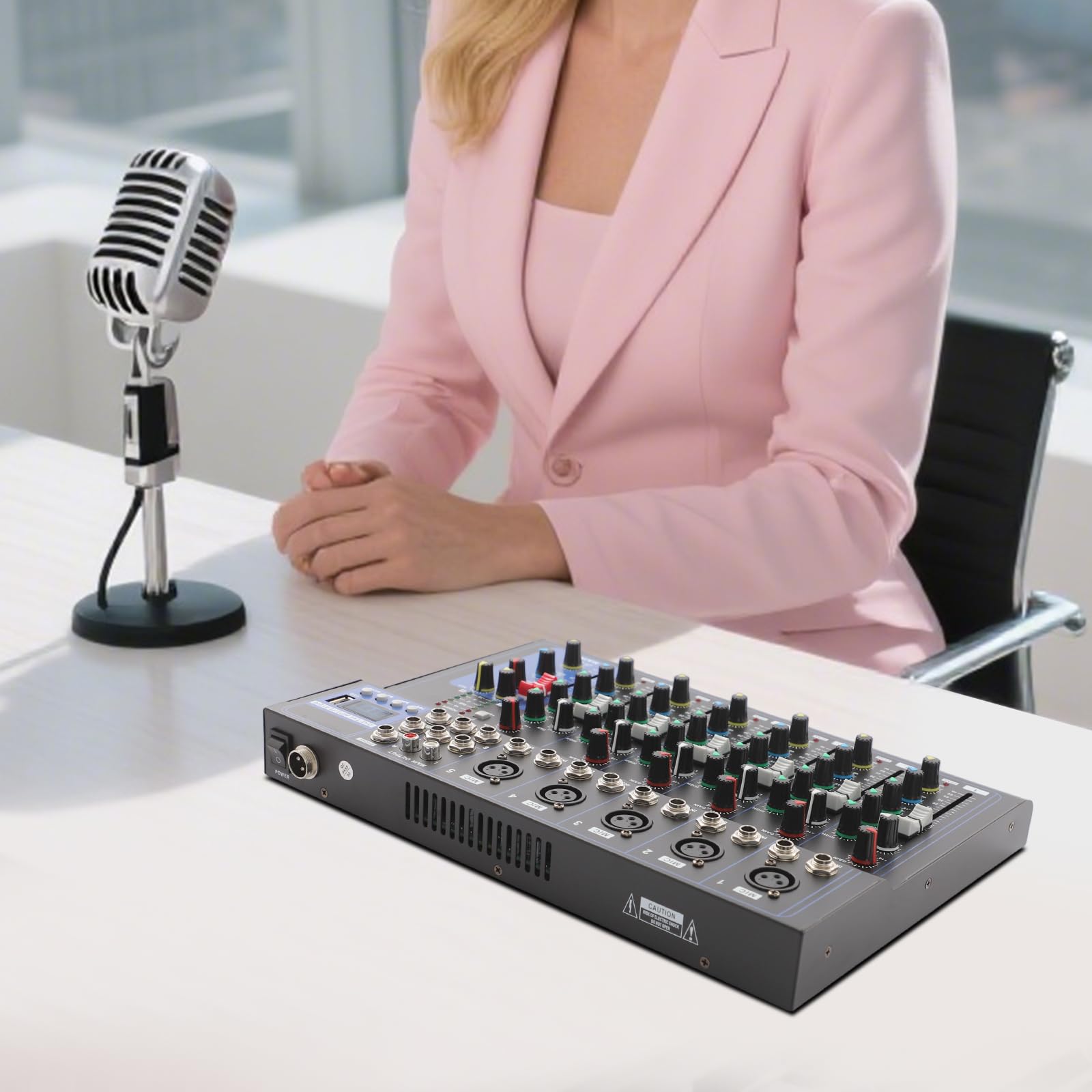 Mixer, mixer audio a 7 canali, mixer audio DJ professionale a 7 canali, telaio in metallo, 6 equalizzatori di stili musicali, alimentazione phantom da 48 V, karaoke/registrazione/live, compatto 33 cm