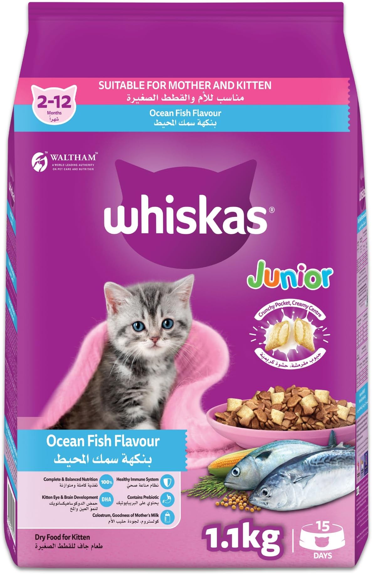 Kitten Ocean Fish Flavor with Milk Dry Kitten Food, Bag of 1.1Kg, for Mothers and Kittens, Prebiotics and Colostrum