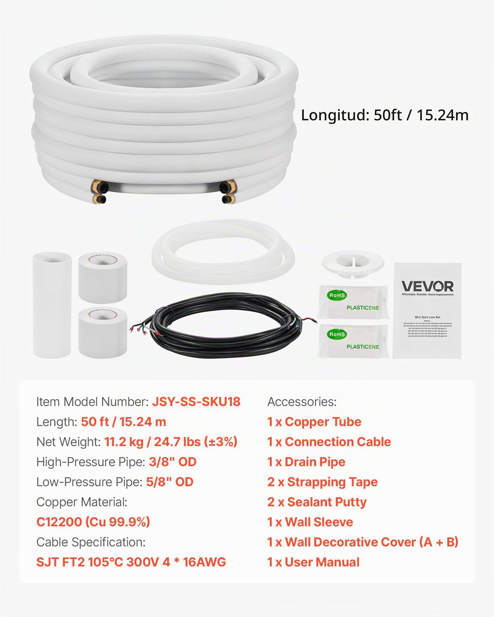 VEVOR Juego de Conducto Refrigerante de Cobre Largo de 15,24 m, Tubo de Cobre Aislado 9,5 mm 15,9 mm para Sistema de Mini-split de Aire Acondicionado, Tubo de Bobina Aislante de PE Espesor de 9,5 mm