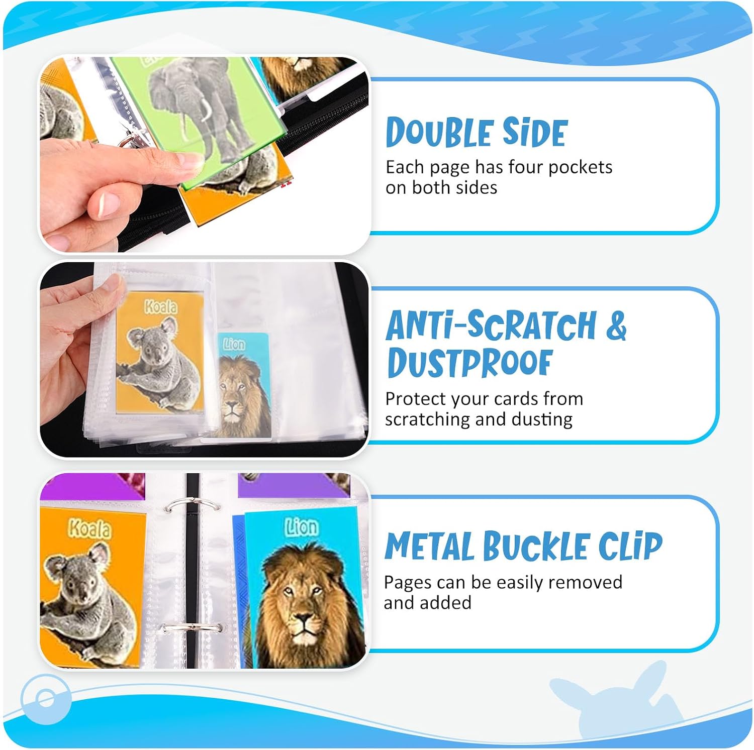 Card Binder 4-Pockets, 400 Pockets Card Holder with 50 Removable Sleeves, Trading Card Collector Zipper Album Holder, Blue