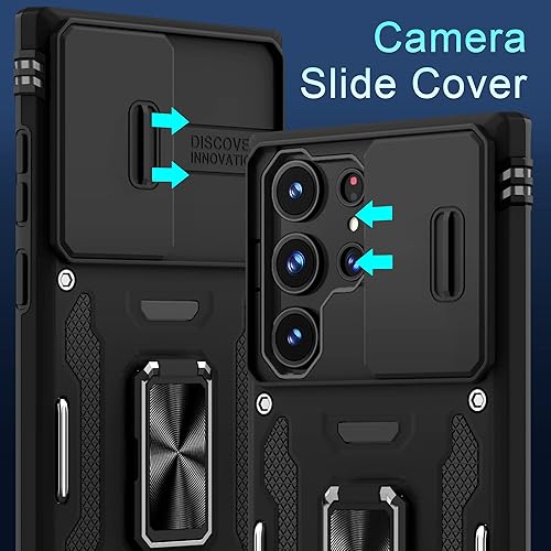 Miniatura 3 de DEERLAMN Funda para Samsung Galaxy S23 Ultra con cubierta deslizante para cámara, soporte de anillo giratorio integrado protección completa de la