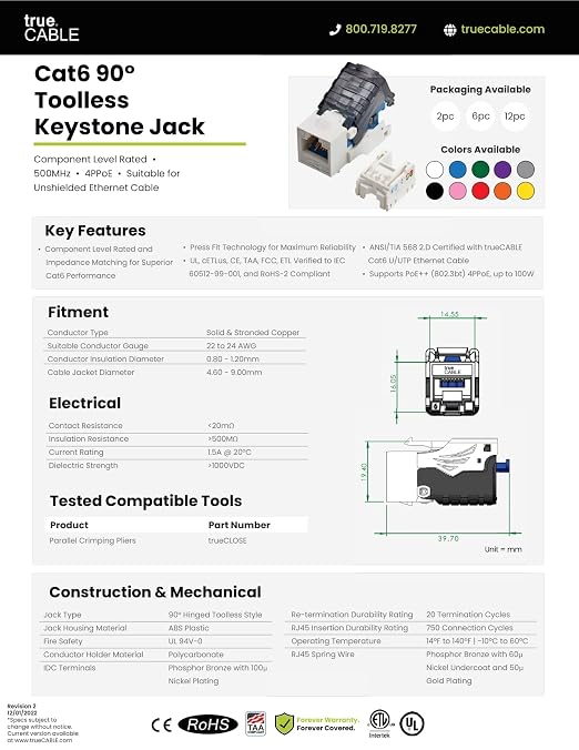 Jack Keystone Cat6 UTP RJ45 2 Piezas Blanco miniatura 8