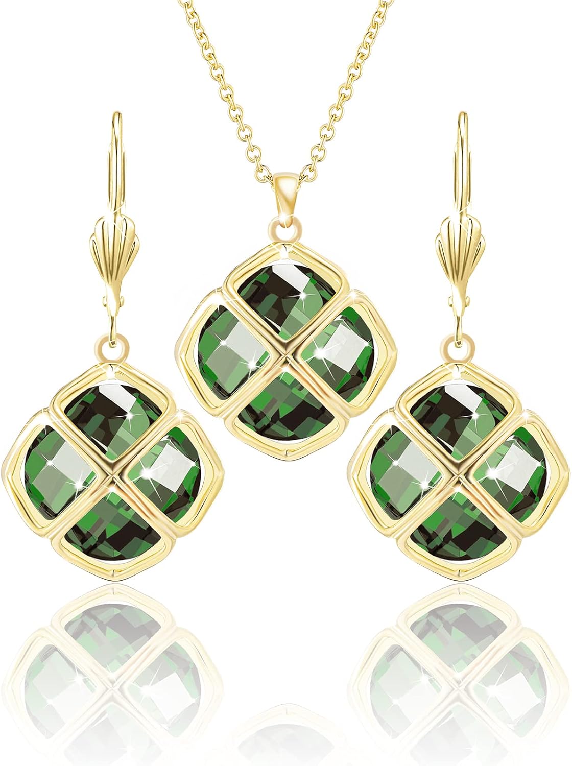 14MM Crystal Pendant Necklace Earrings Sets for Women 14K Glod Plated Jewelry