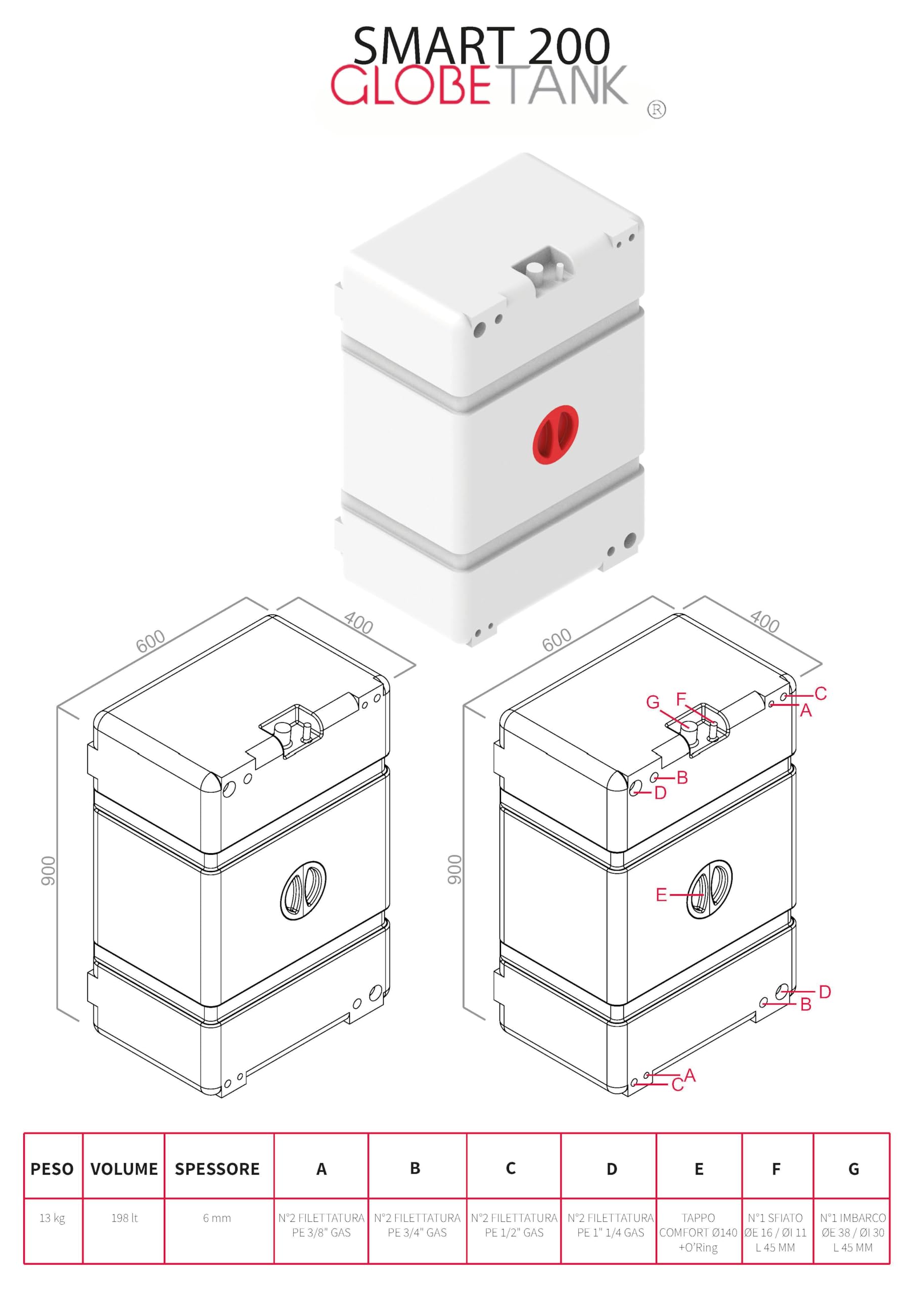 SERBATOIO SMART 200 VERTICALE RIGIDO ACQUA GLOBETANK (NEUTRO TRASLUCIDO)