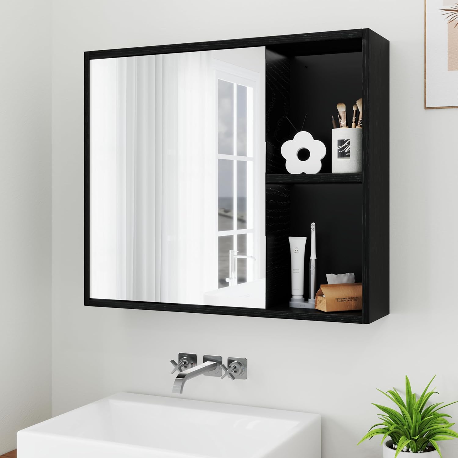Giantex Medicine Cabinet, Bathroom Wall Cabinet with Mirror Door, 2 Adjustable Shelves, 2 Open Shelves, Vanity Mirrored Cabinet, Over The Toilet Storage Cabinet for Laundry Room Entryway, Black