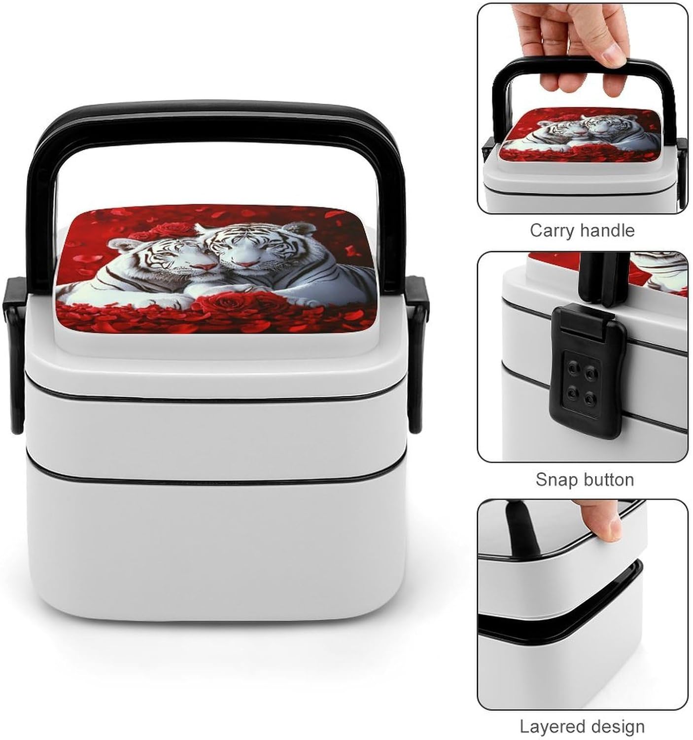 Tiger Red Rose Bento Box with Spoon 2 Layer Food Container Cute Lunch Box for Travel Dining Work