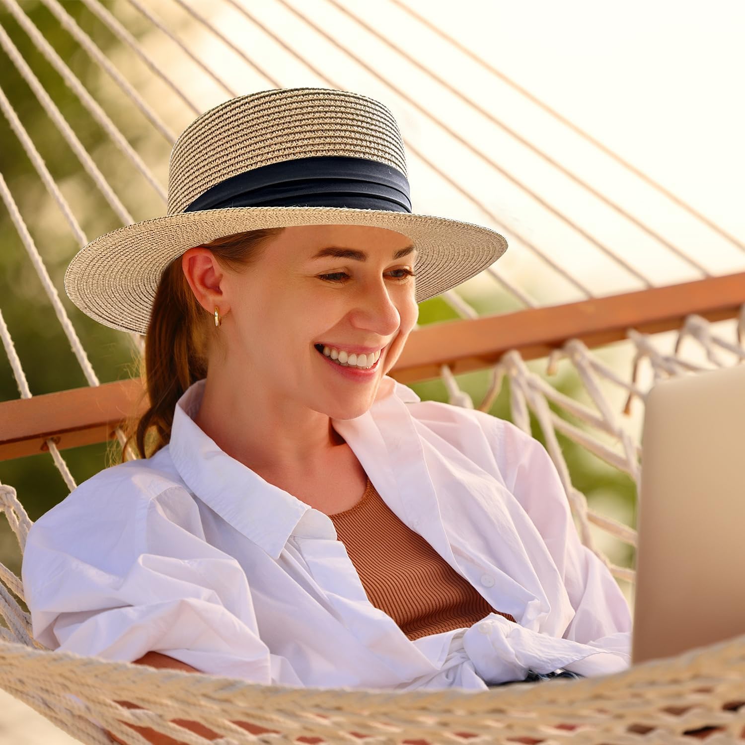 Lanzom UPF50+ Women Wide Brim Straw Panama Sun Hat Boater Summer Beach Sun Hat - Image 5