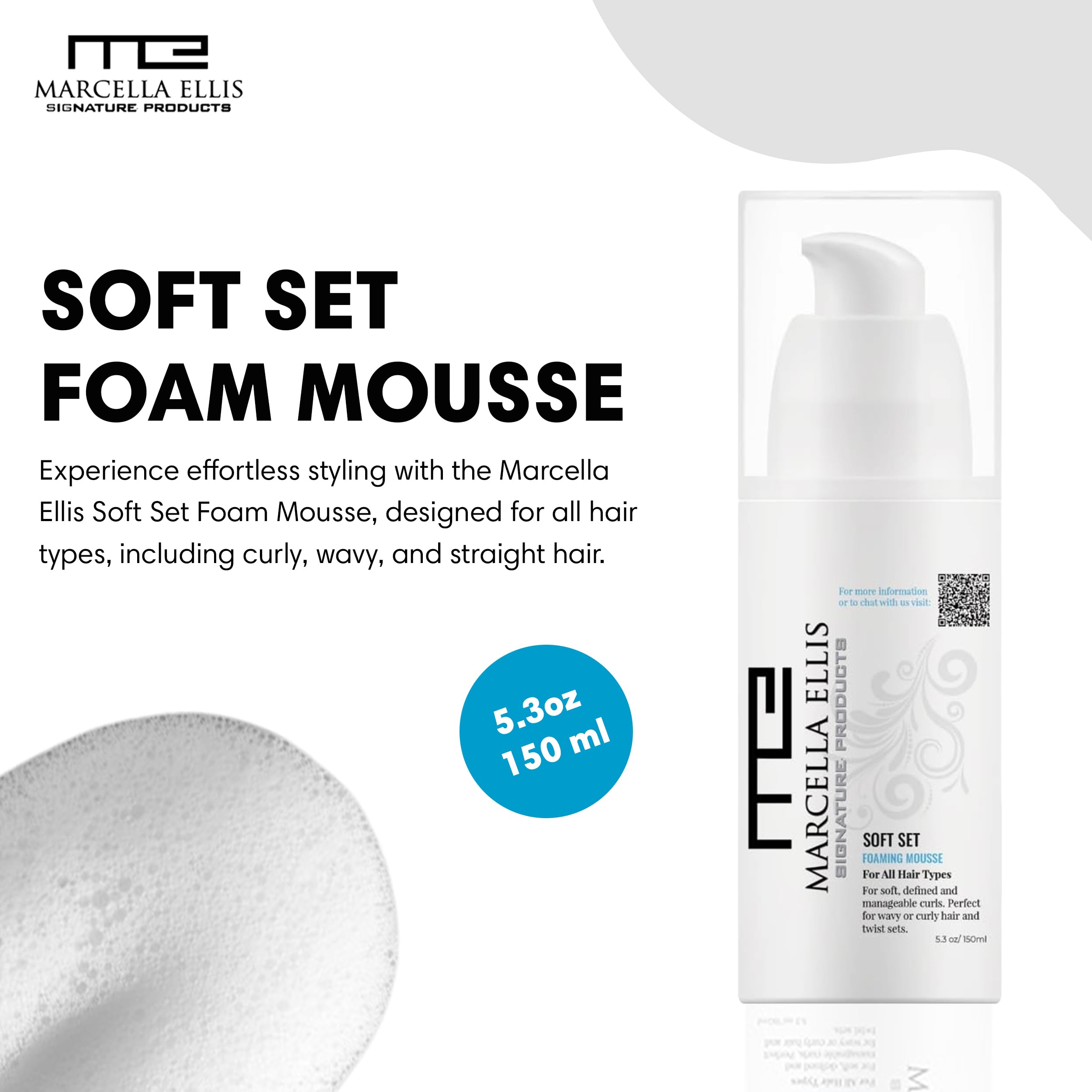 Marcella Ellis Soft Set Foam Mousse, Moisturizing and Nourishing Formula for Curly, Wavy, and All Hair Types, Hair Styling Mousse for Flexible Hold, Volumizing Mousse for Hair (5.3 Oz)