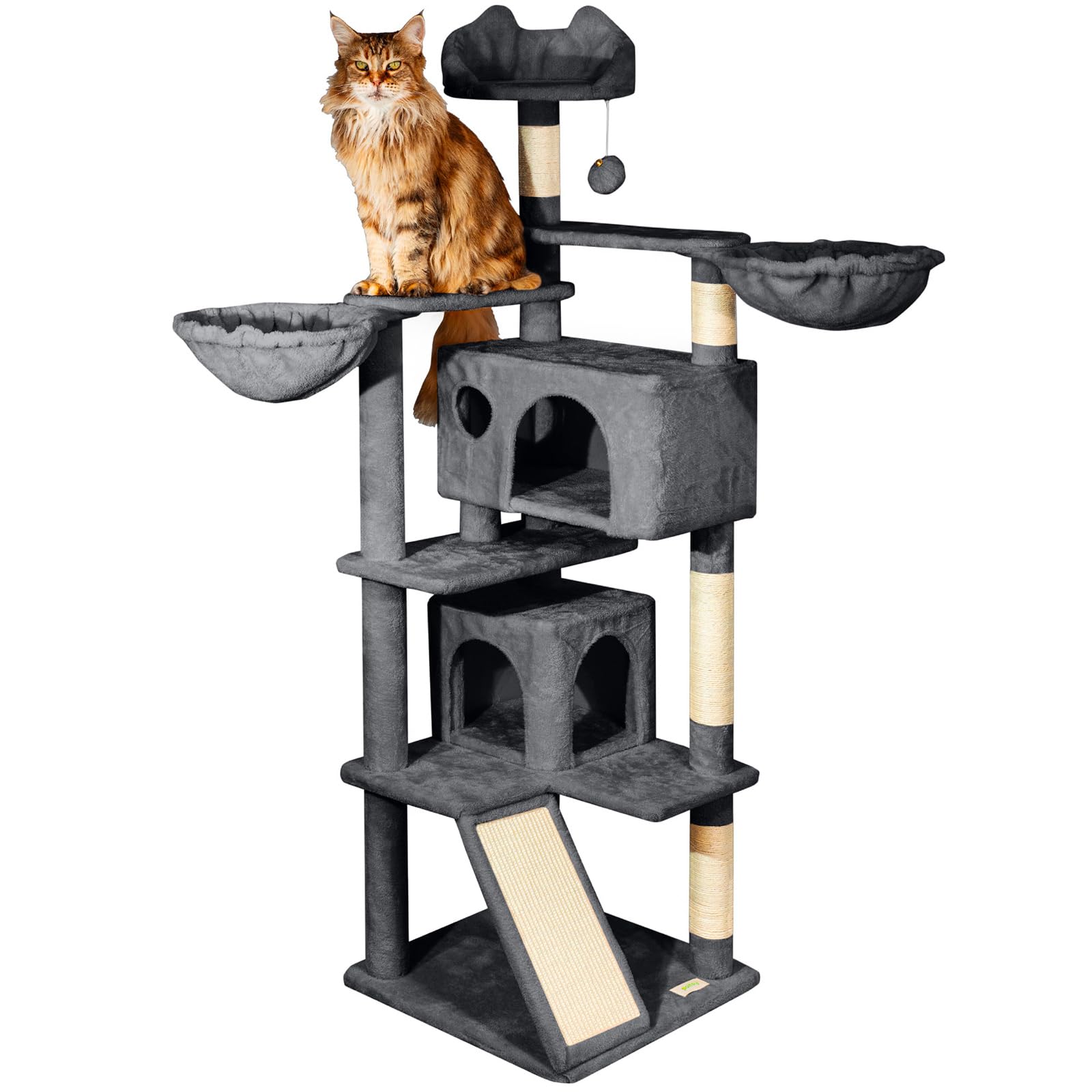 Árbol de Gato, Rascador para Gatos, Percha, Nichos, Hamaca, Bolas, Columnas de Sisal, Peluche, Altura 165 cm, Gris Oscuro, garantía de 5 años